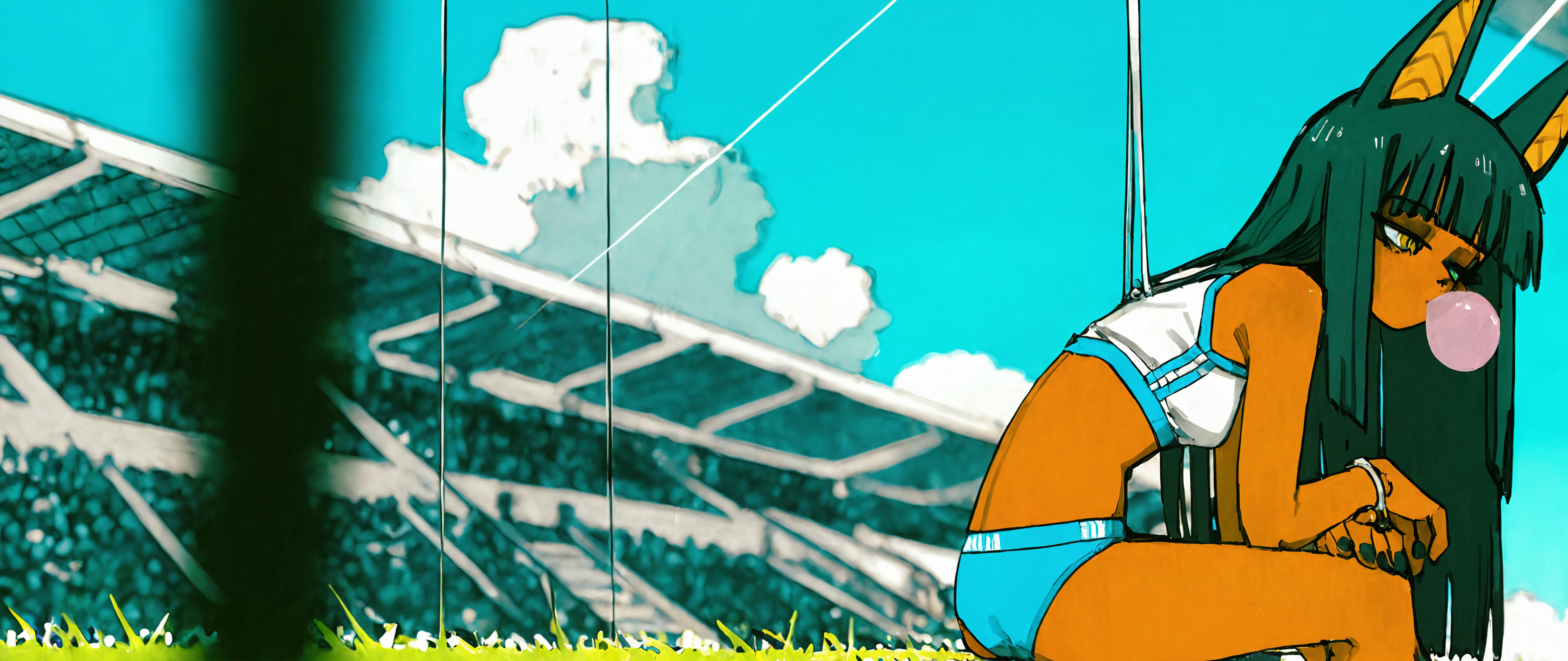 An illustration of Ankha from Animal Crossing as a human girl with dark skin, black hair, and large jackal ears, wearing a blue sports outfit and blowing bubble gum at a sunny stadium.