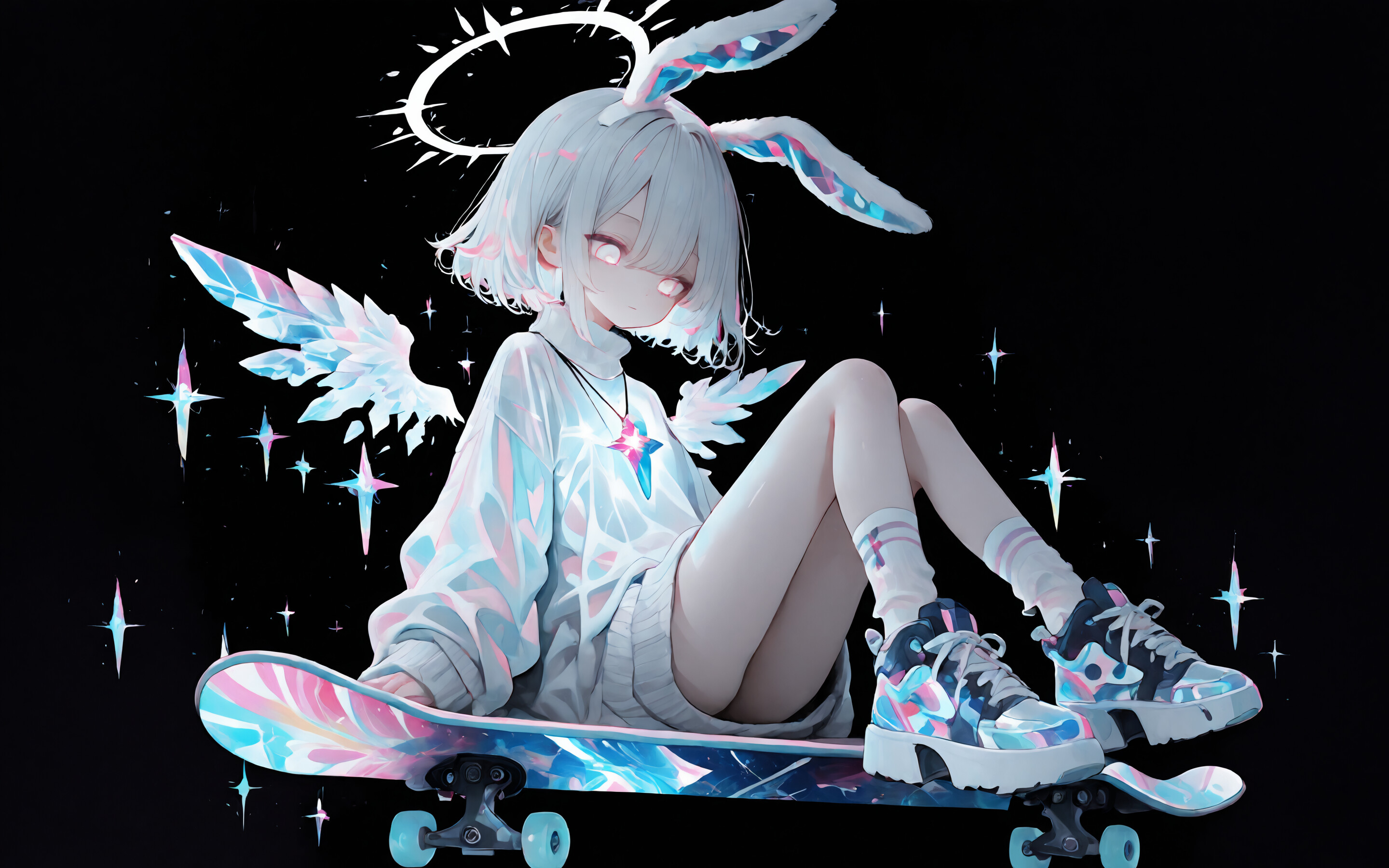 A full-body illustration of an anime girl with white hair, bunny ears, and small angel wings, sitting on a glowing iridescent skateboard against a solid black background.