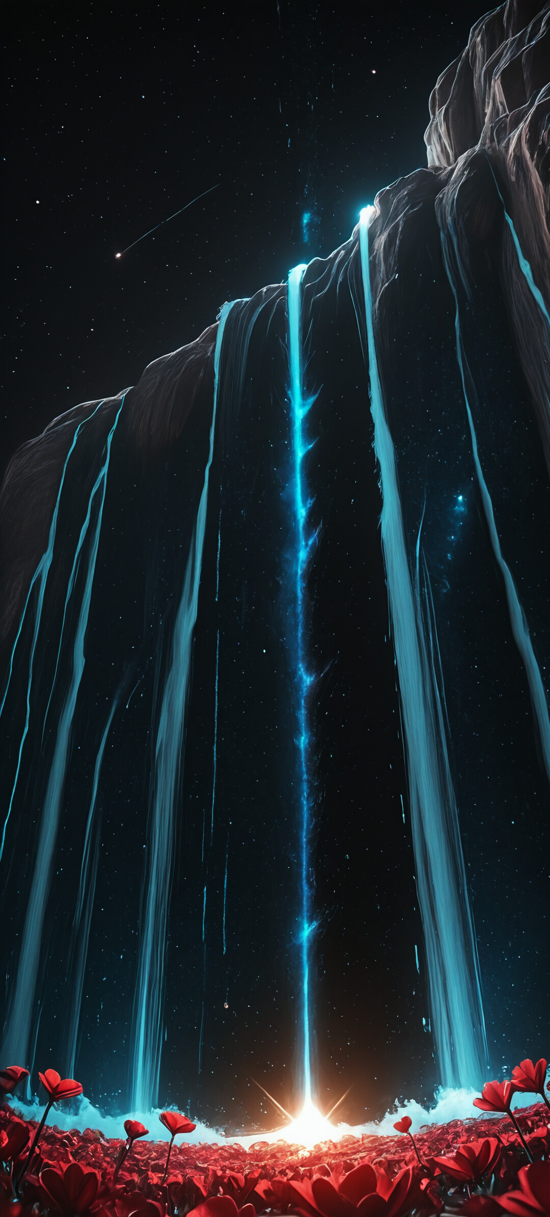 A surreal fantasy scene depicting a glowing blue waterfall flowing from a swirling galaxy in a starry night sky. The waterfall is framed by dark cliffs and empties near a vast field of bright red flowers.