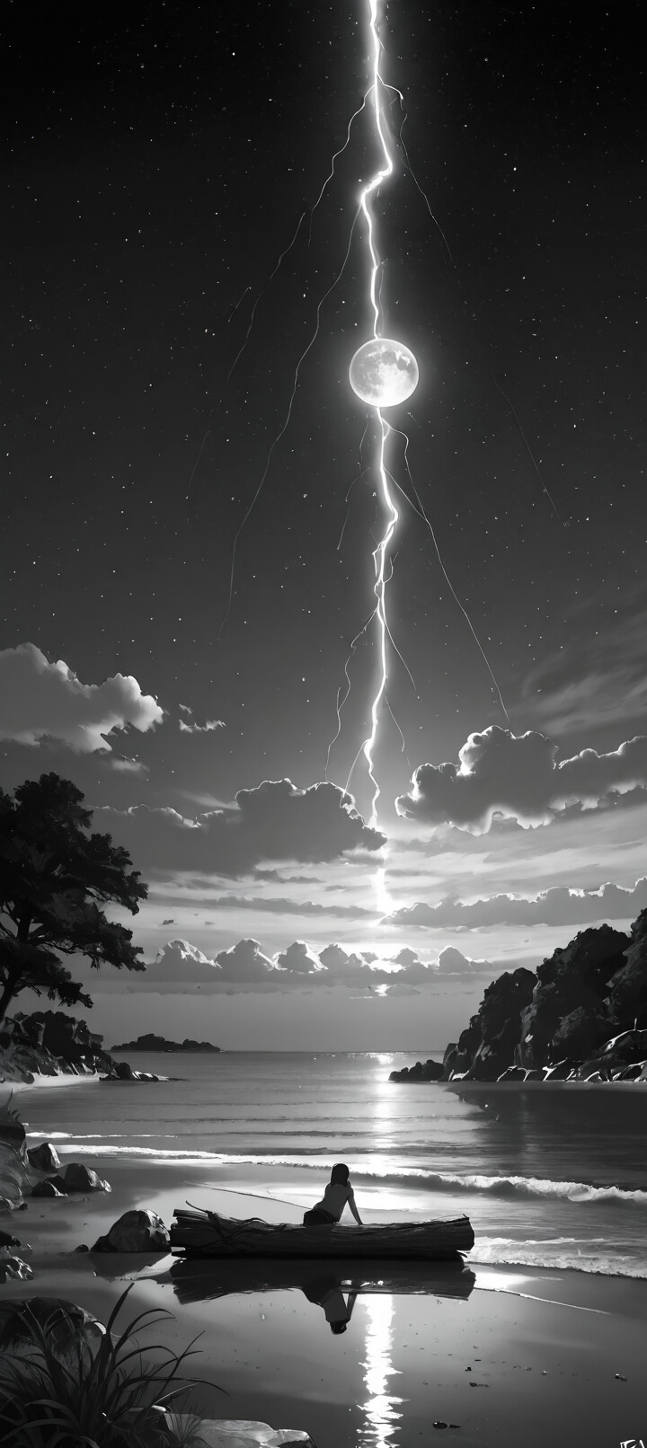 A black and white image of a beach at night. A large full moon and a bolt of lightning are in the starry sky. A log rests on the sand as waves gently wash ashore, with a rocky, forested cliff in the background.