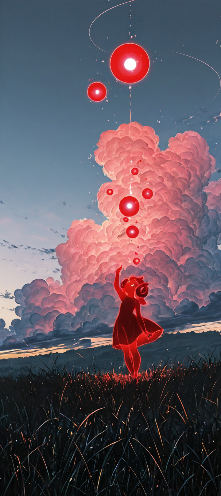 An ethereal, glowing blue spirit girl with sheep ears and horns stands in a field of grass at sunset, reaching up to touch a small, floating planet with rings.