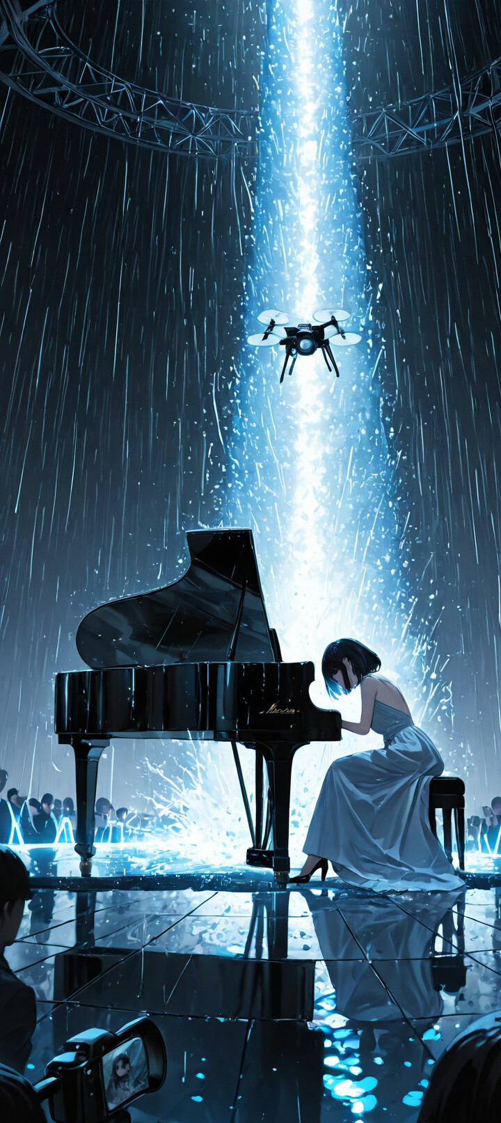 An anime-style illustration of a young woman in an elegant dress playing a grand piano on a wet, reflective stage. It is raining heavily, and a single, powerful blue spotlight shines down on her from above.