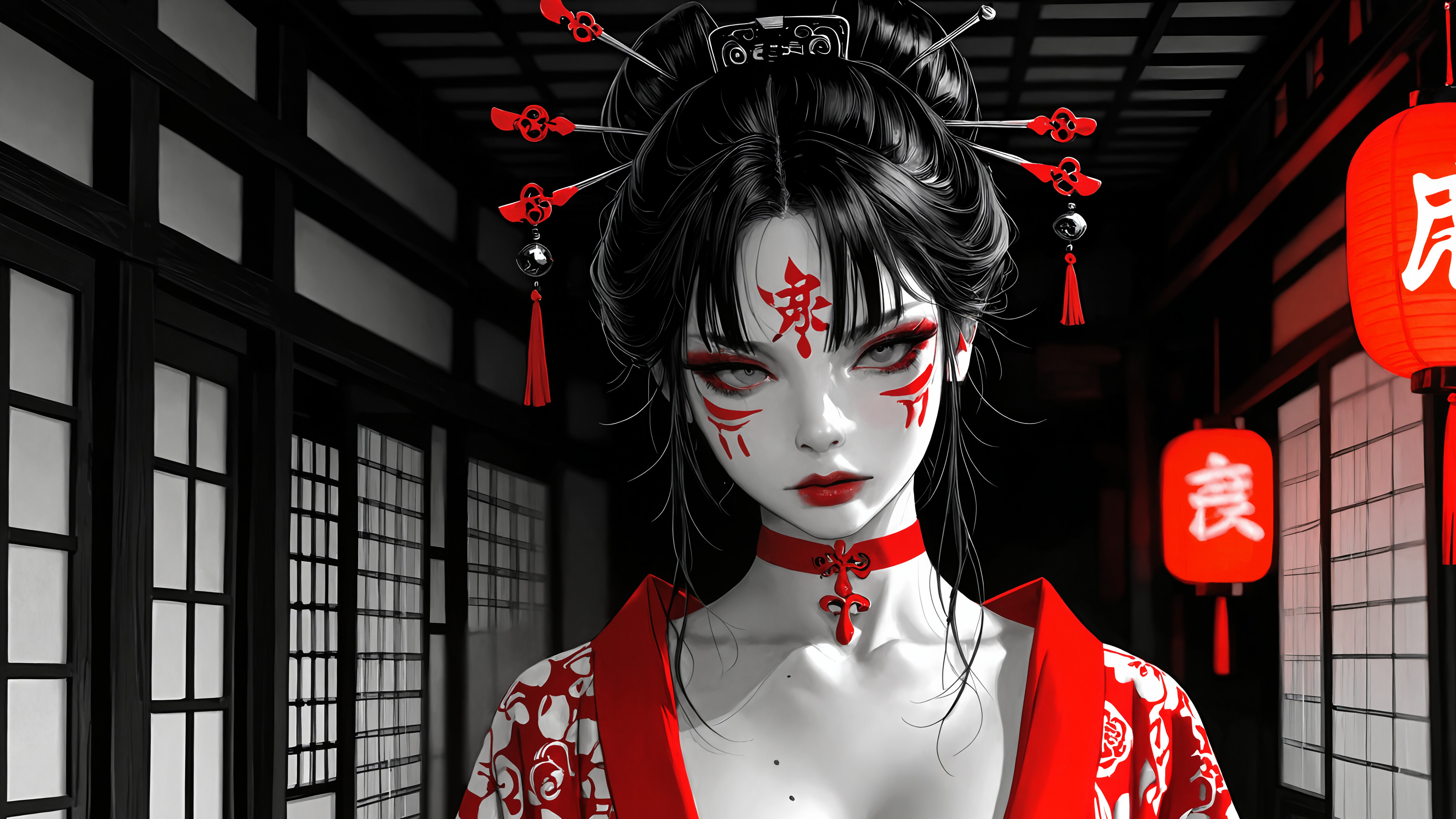 A digital illustration of a woman with black hair in a bun, red face paint, and grey eyes. She wears a black crop top and a red robe in a Japanese-style room with glowing red lanterns.