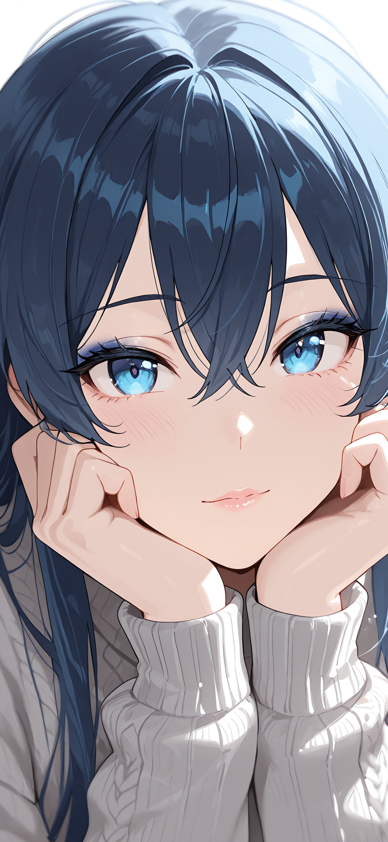 A close-up digital portrait of a character with short light blue hair and incredibly detailed blue eyes, looking forward with a calm expression.