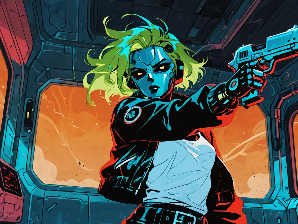 An anime-style illustration of a female android with short green hair and a metallic body, wearing a brown bomber jacket and holding a pistol while standing in a spaceship doorway.