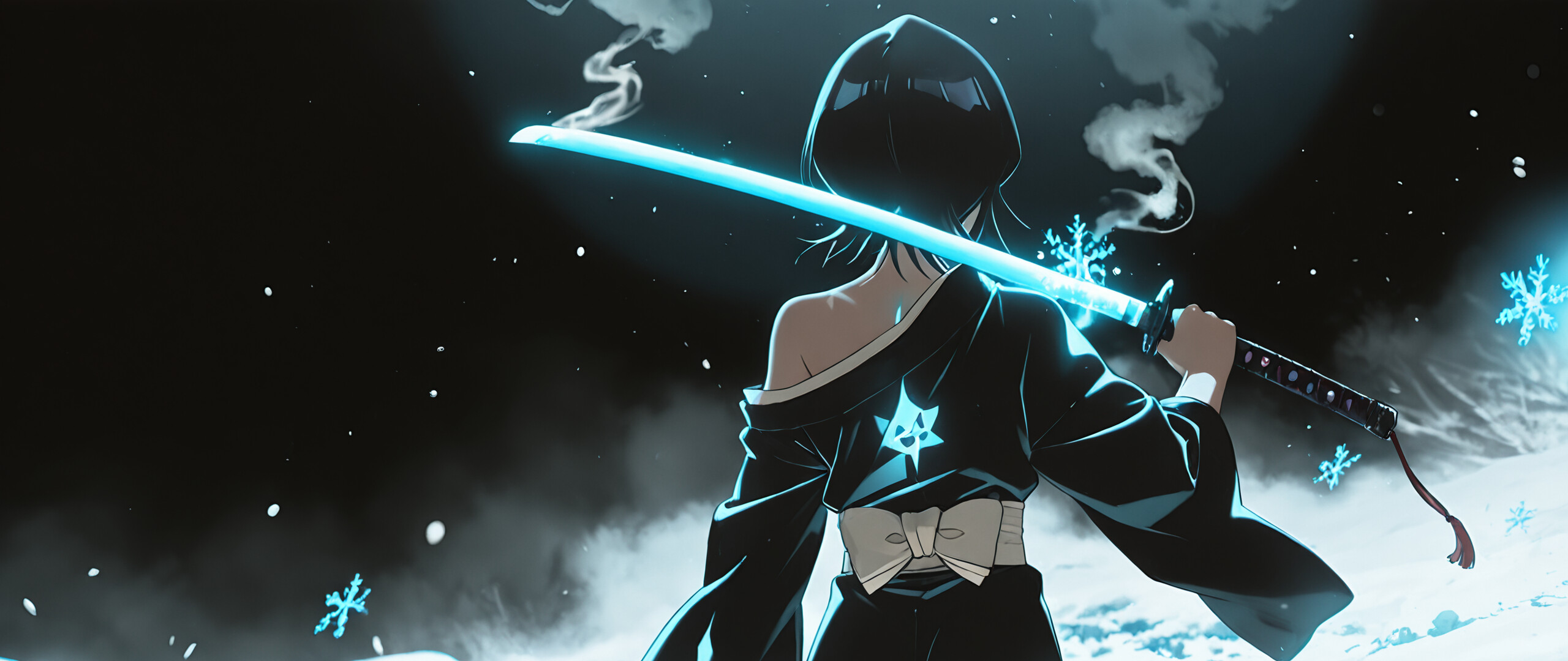 An anime illustration of Rukia Kuchiki from Bleach, seen from the back. She has short black hair and wears a black shinigami uniform. She holds a glowing blue katana in a snowy, dark environment.