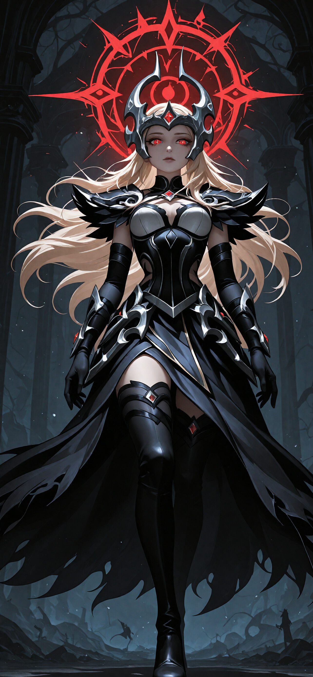 A full-body illustration of a female fantasy character, Syndra from League of Legends, with long blonde hair, glowing red eyes, and a dark crown. She is wearing ornate black and silver armor and stands before a glowing red sigil in a dark environment.