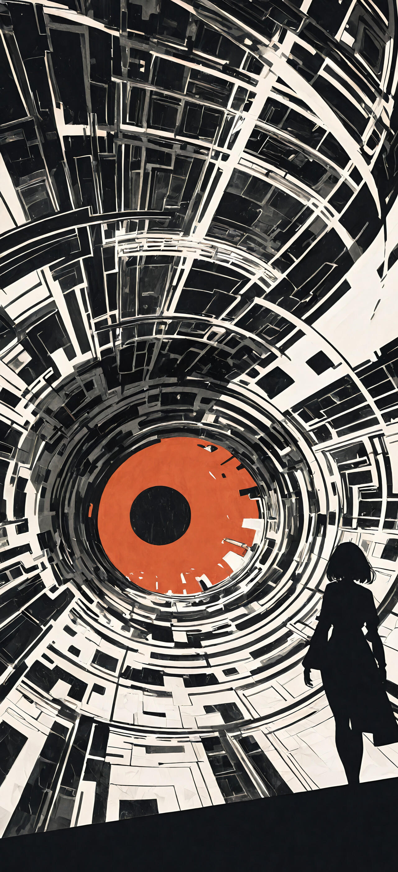 A stylized illustration of a woman with long orange hair, seen from behind in a vast, black and white futuristic hall. She looks up at a massive, intricate orange and black sphere on the ceiling, where a glowing orange silhouette of a woman floats.