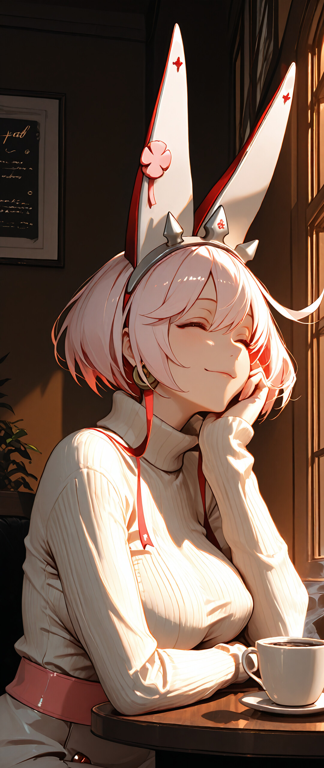 An anime-style illustration of Elphelt Valentine from Guilty Gear. She has short pink hair, blue eyes, and large white rabbit-like ears with a spiked headband. She's wearing a white turtleneck sweater and is sitting at a wooden table in a cafe, smiling softly while resting her chin on her hand. A cup of coffee is on the table next to her.