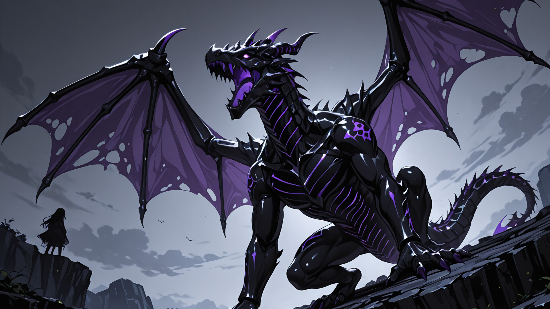 A full-body illustration of a female anime character representing the Ender Dragon from Minecraft. She has large black dragon wings, horns, a tail, and glowing purple eyes. She is standing on a dark cliff under a stormy purple sky, with shadowy creatures at her feet.