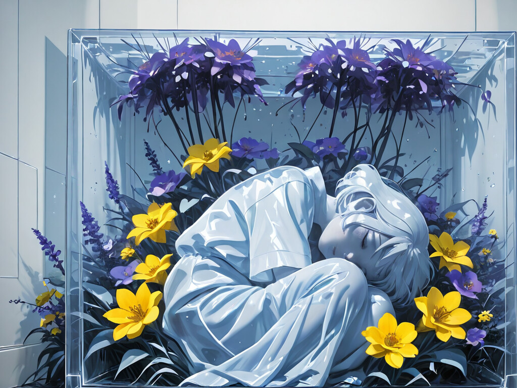 A surreal illustration of an anime-style girl with a translucent pink body and short silver hair, curled up in a fetal position inside a glass terrarium filled with growing yellow and violet flowers against a dark background.