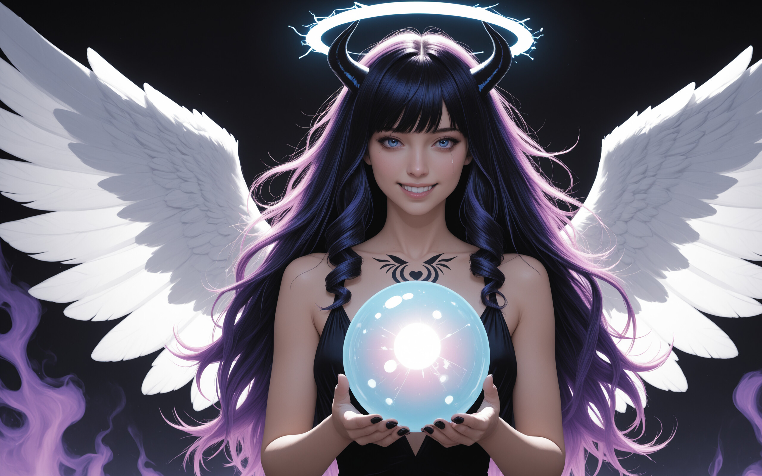 An anime-style woman with white angel wings, black demon horns, and a blue halo, smiling as she holds a glowing purple orb against a black background.