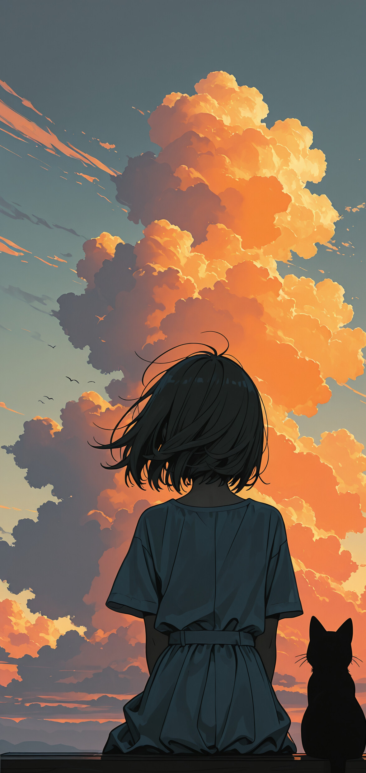 A silhouette of a girl with short, wind-blown hair sitting on a bench between two black cats, looking out at a dramatic sky filled with large, orange-tinted clouds at sunset.