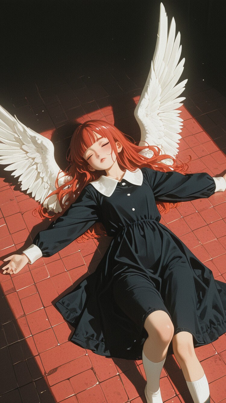 An overhead view of an anime-style angel with long red hair and large white wings, lying on a red tiled floor. She is wearing a black dress with a white collar, white socks, and has a glowing red halo above her head.