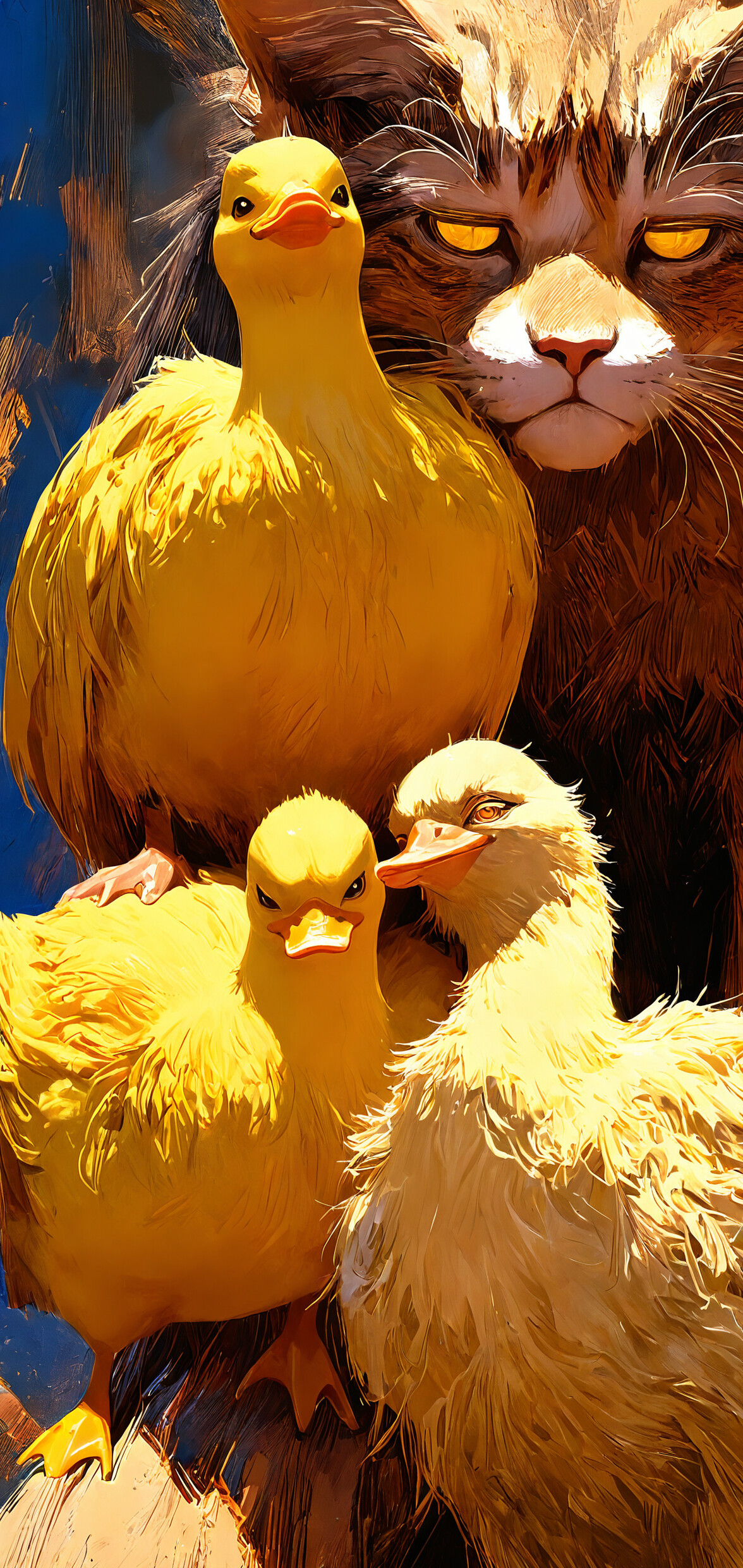 A detailed, painterly illustration of a grumpy tabby cat's face in extreme close-up. Six small, bright yellow rubber ducks are sitting on top of its head like a crown.