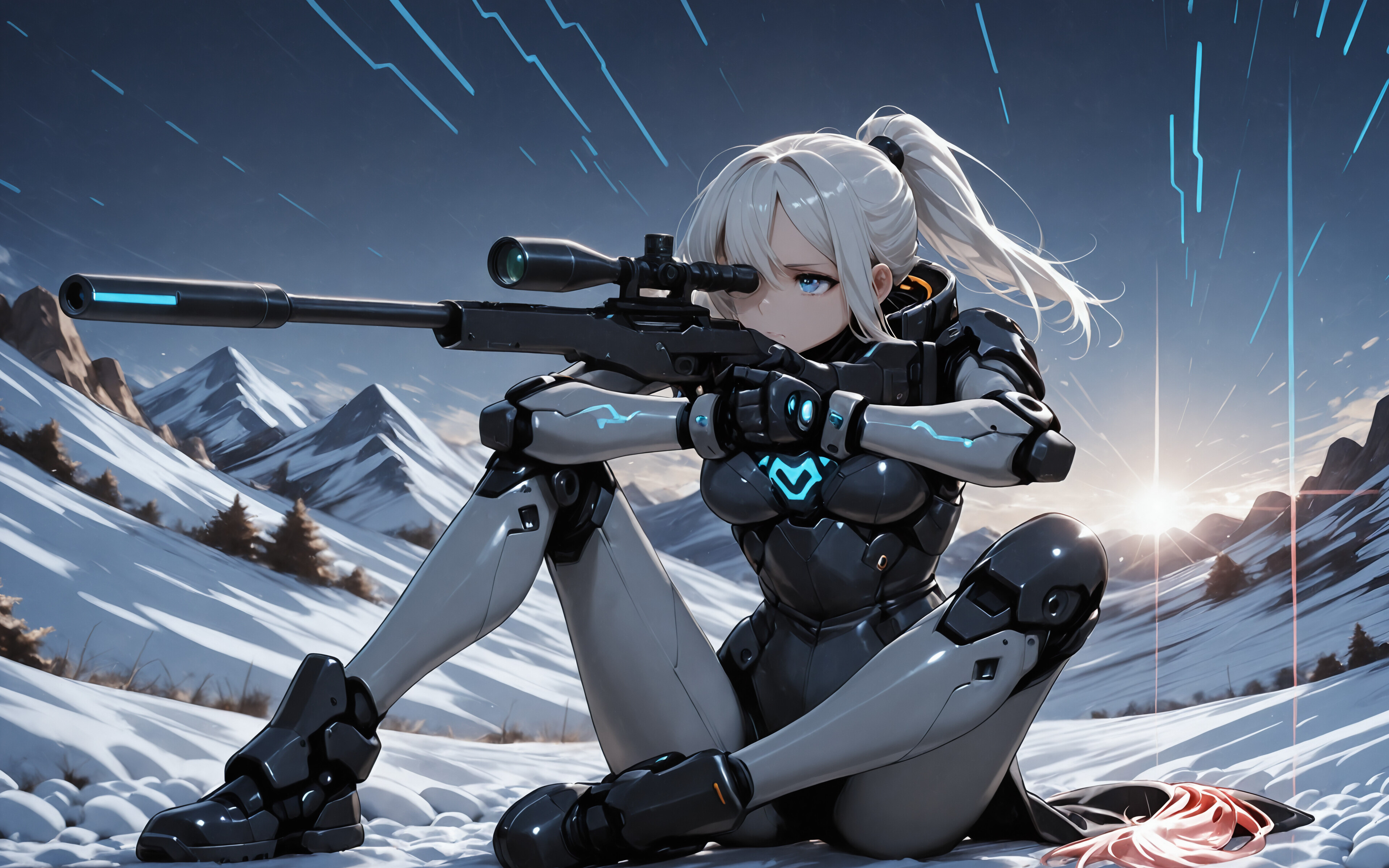 An anime girl with white hair in a futuristic armored suit sits in the snow on a mountain, aiming a large sniper rifle with a scope.