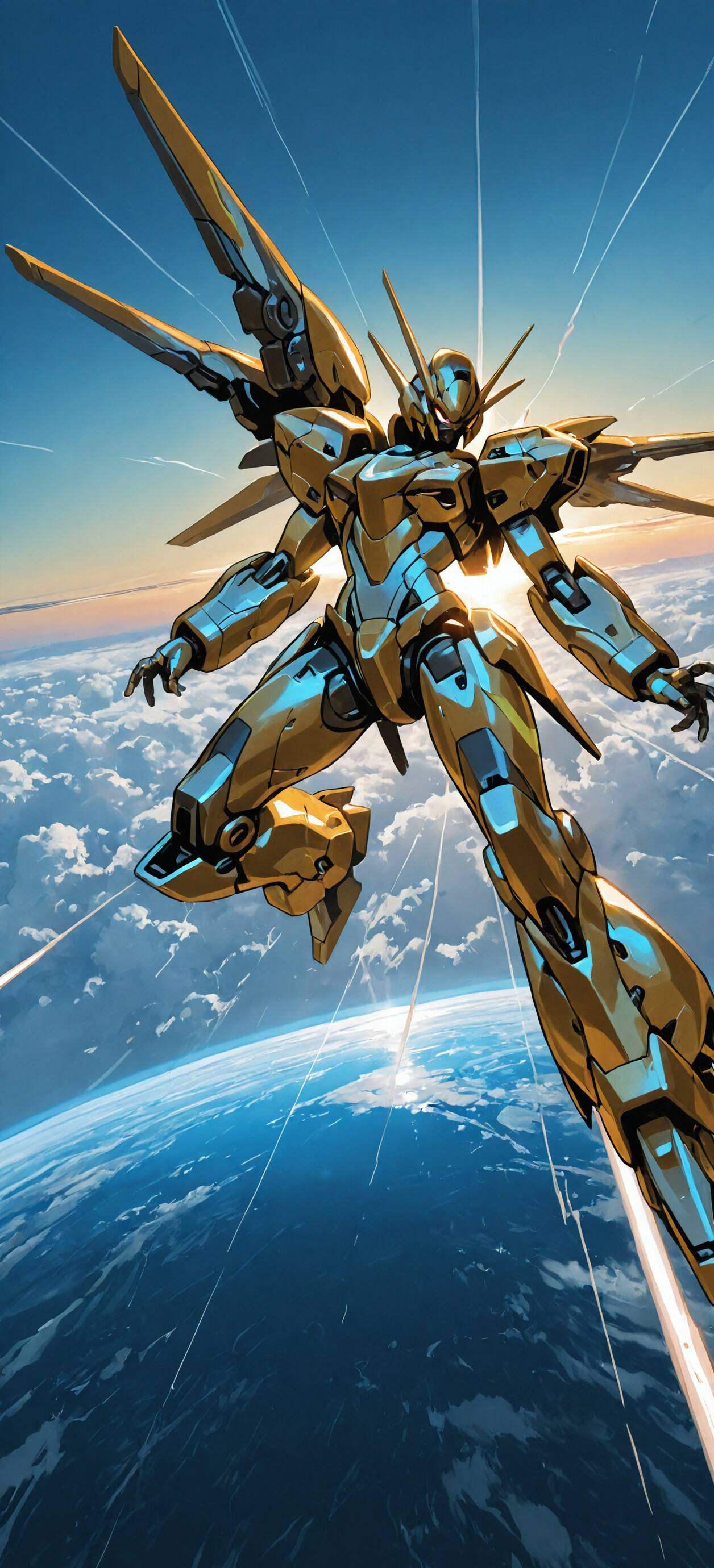 A sleek, golden-armored mecha with multiple wings flies high above a sea of clouds at sunrise, with a planet visible below and streaks of light in the sky.
