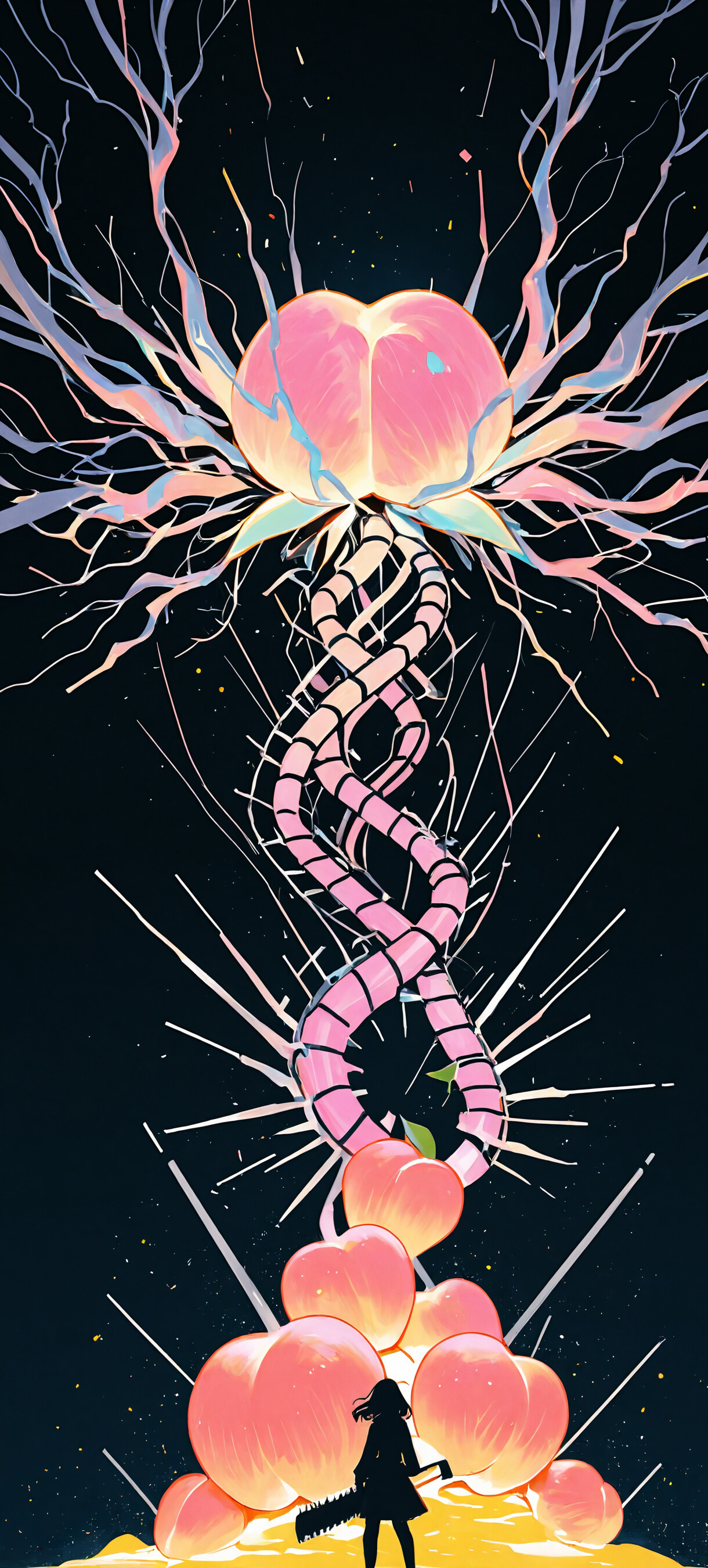 An anime-style illustration of a small girl in a white dress looking up at a large, floating female cyborg in black armor. The cyborg is positioned in front of a giant, glowing pink heart in a dark, starry sky, with tendrils of light swirling around them.