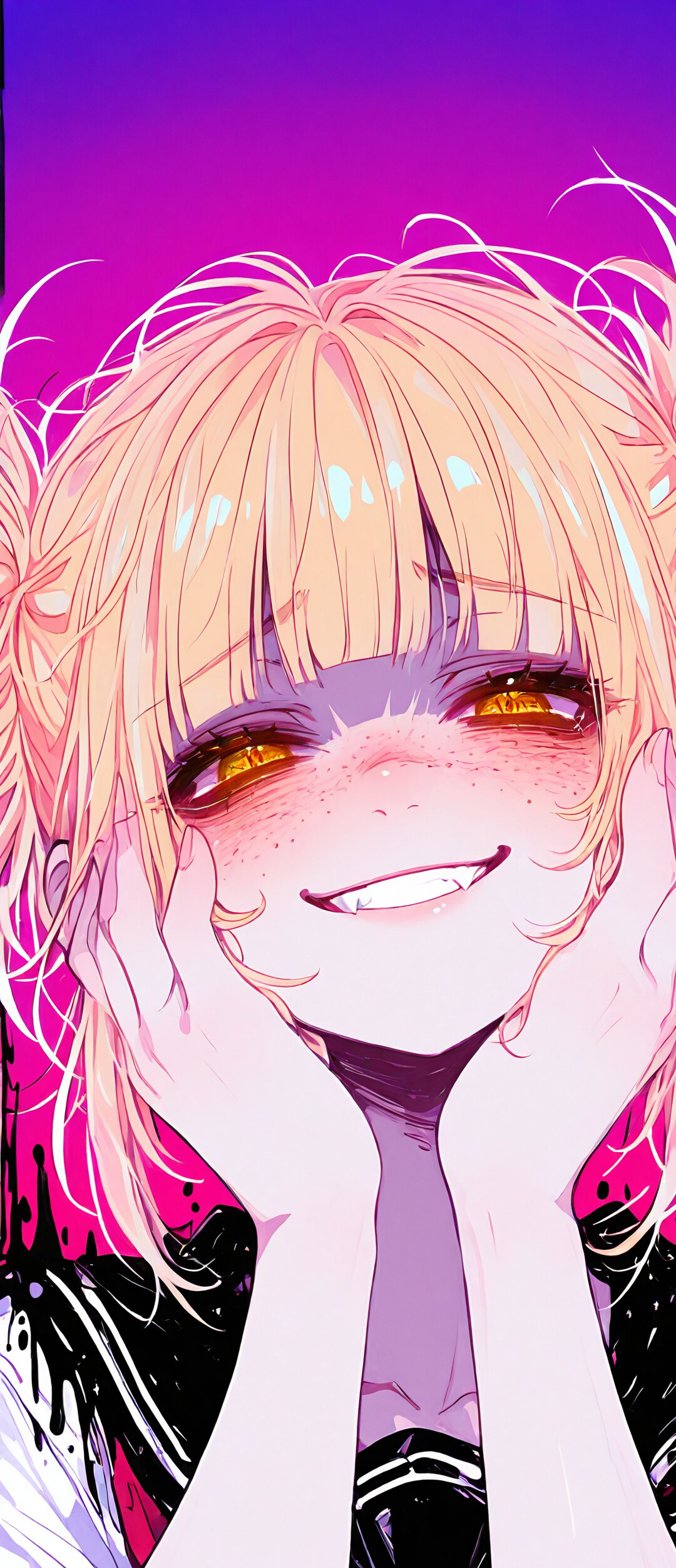 An anime-style portrait of Himiko Toga from My Hero Academia. She has messy blonde twin buns, gold eyes, and a wide, toothy grin. Her hands are on her cheeks, and her expression is unsettlingly joyful.