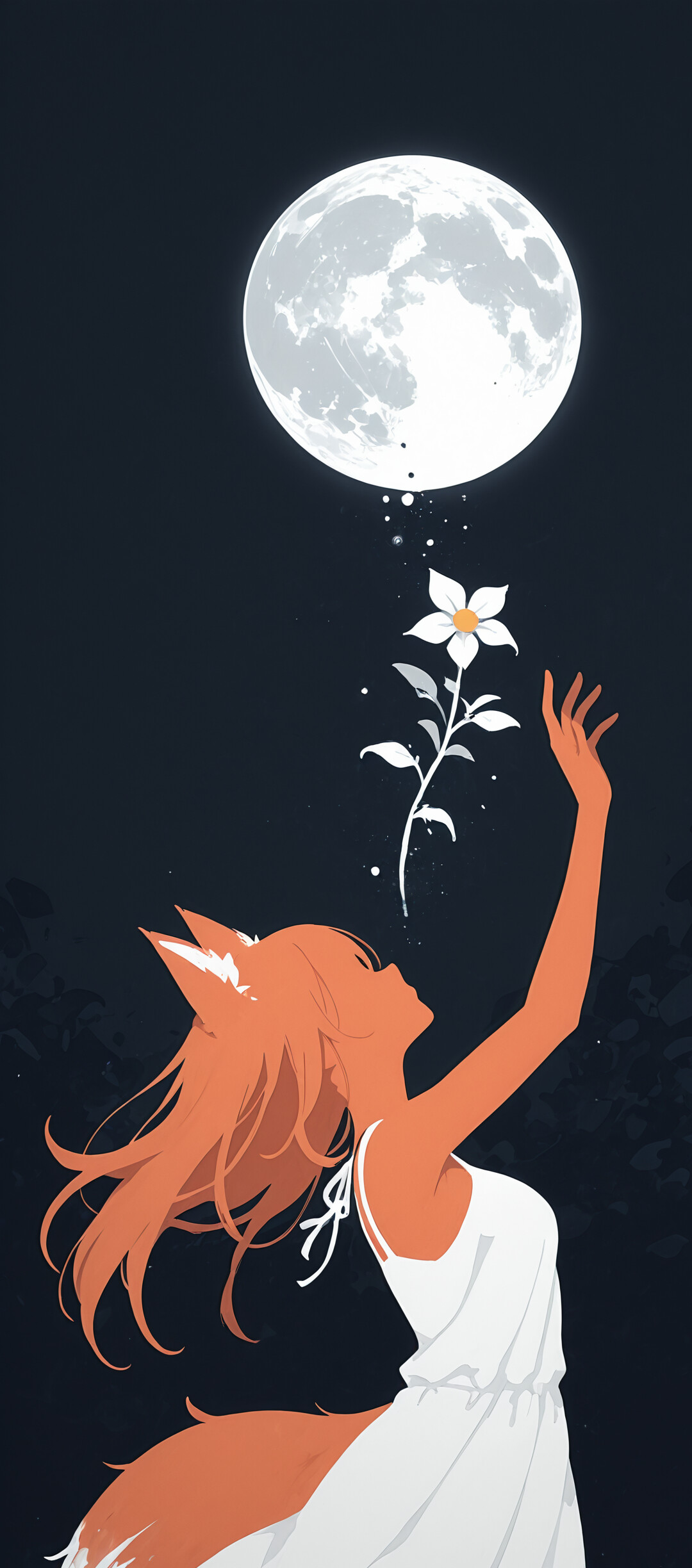 An illustration of Holo from Spice and Wolf, a girl with orange fox ears, long orange hair, and a large fox tail, wearing a white dress. She is standing in a field of flowers at night, reaching up to the full moon.