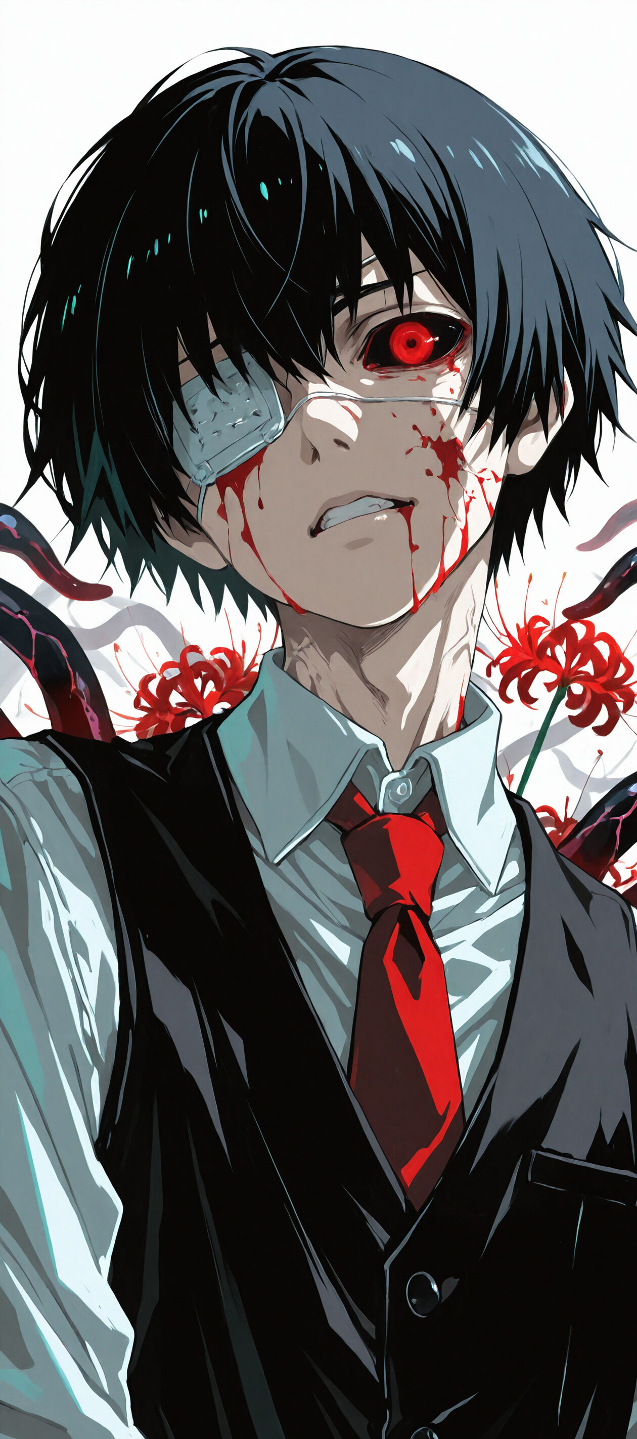An illustration of Ken Kaneki from Tokyo Ghoul with black hair, an eyepatch, and one glowing red ghoul eye. He is splattered with blood and surrounded by red spider lilies and his kagune.