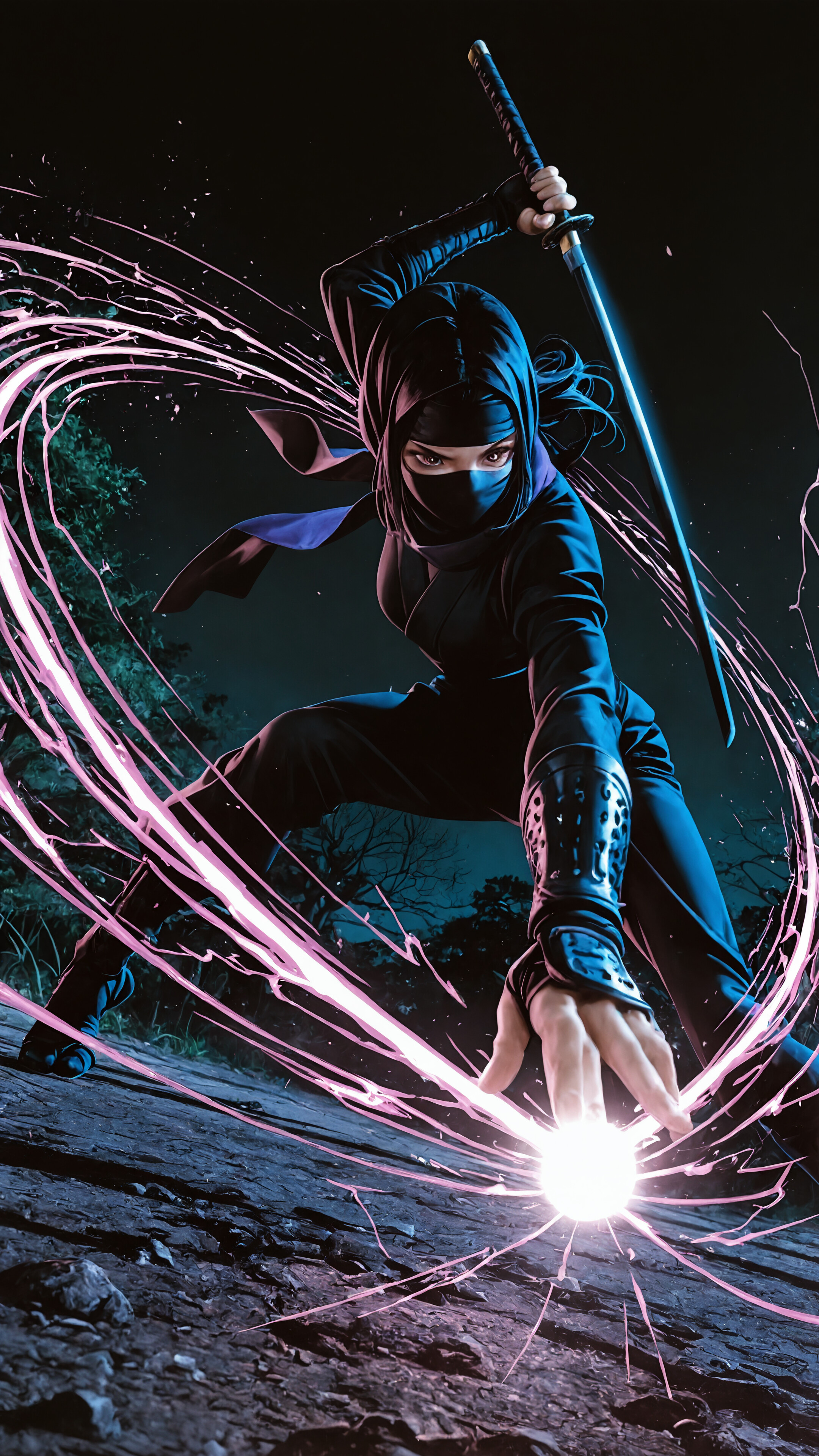 A female ninja in a dark blue outfit and mask crouches in a fighting pose, holding a katana with a glowing purple blade that emits splashes of pink energy against a dark background.