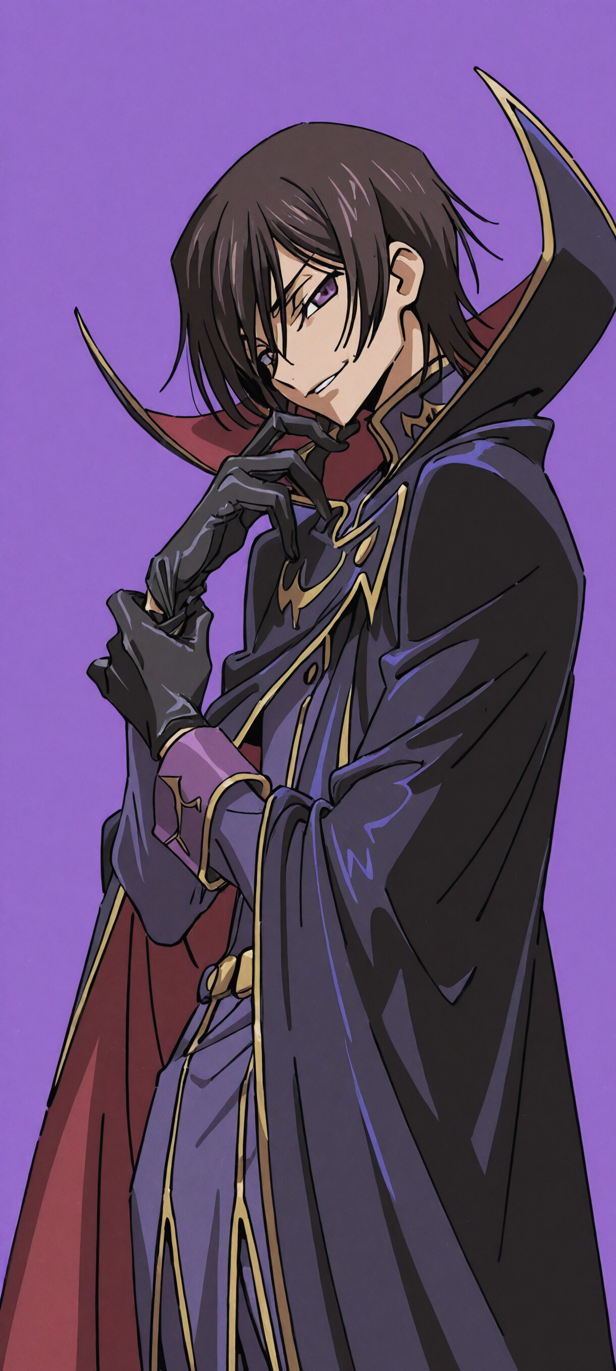 An anime-style illustration of Lelouch Lamperouge from Code Geass as Zero. He has medium-length brown hair and purple eyes, and is wearing his black cloak with a high collar. He is smirking at the camera while pulling on a black glove.