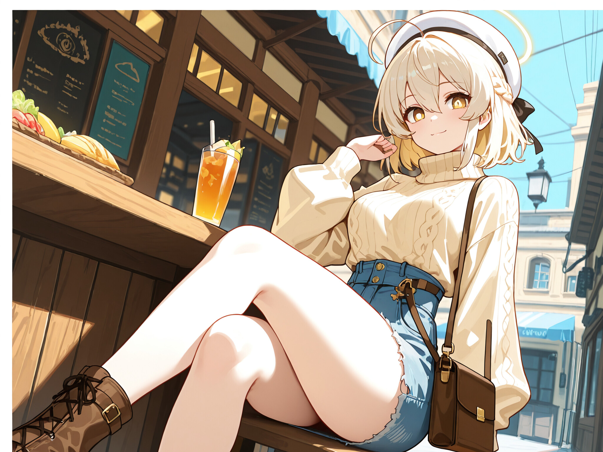 Lumine from Genshin Impact, a beautiful anime girl with long blonde hair, sitting on a city bench in a casual outfit with a sweater and denim shorts, smiling while holding an iced coffee.