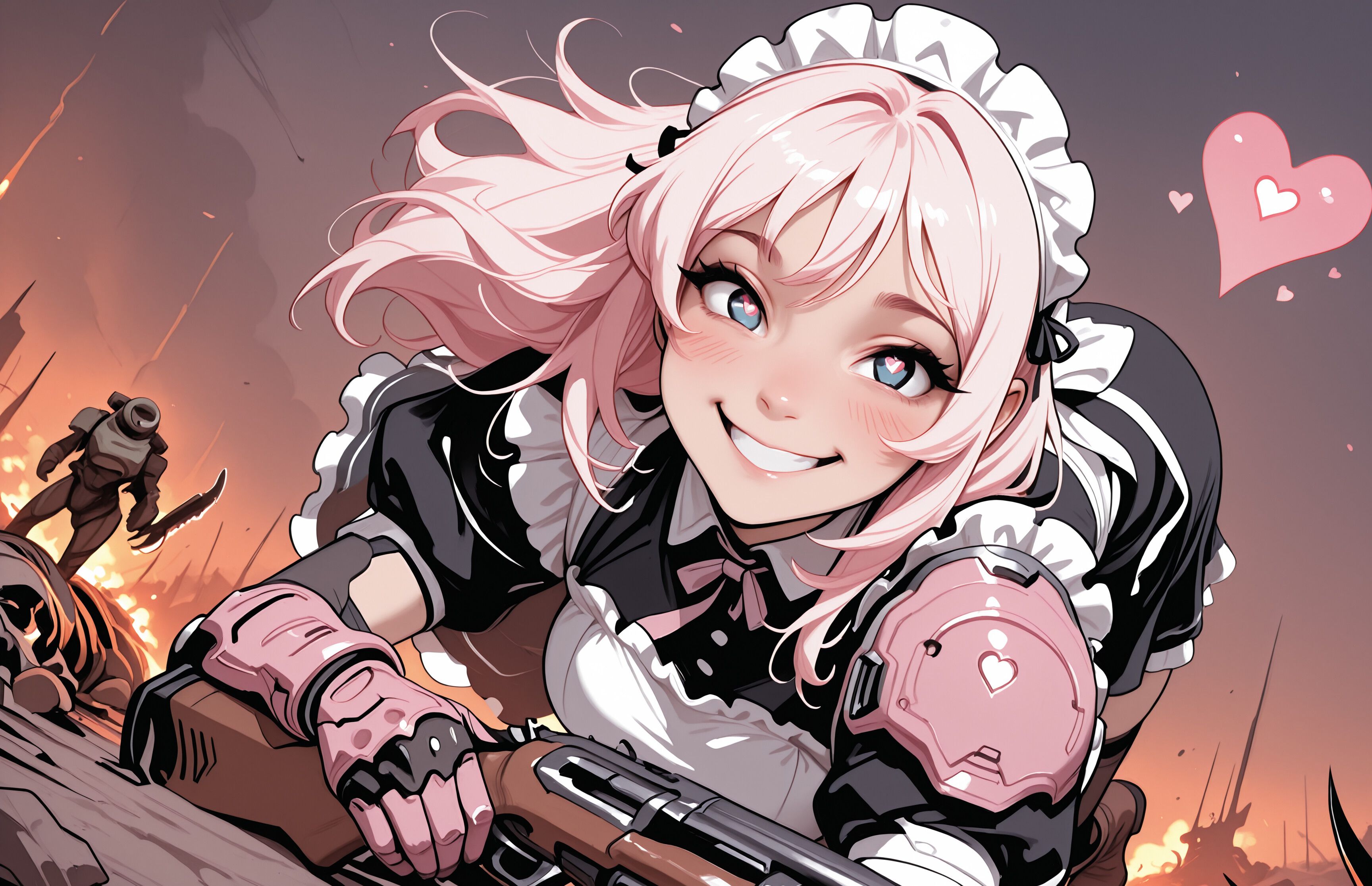 A pink-haired anime girl in a combat maid outfit holds two shotguns on a fiery battlefield, smiling as she stands over a defeated maid. Figures in Doom Slayer armor are in the background.