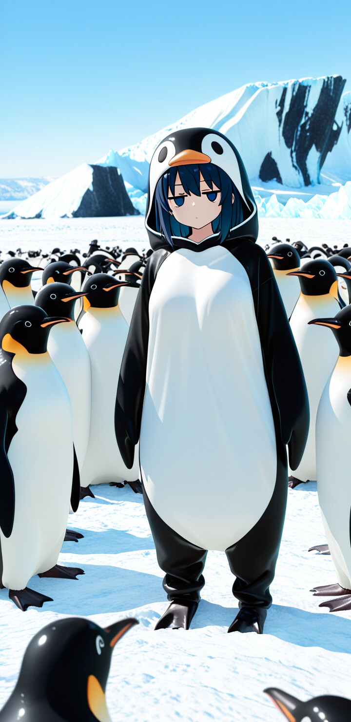 An anime girl with dark blue hair, identified as Meltryllis from Fate/Grand Order, stands in the middle of a penguin colony in Antarctica. She wears a full-body penguin costume and has an unamused expression, while real penguins gather around her on the ice in front of a large iceberg.
