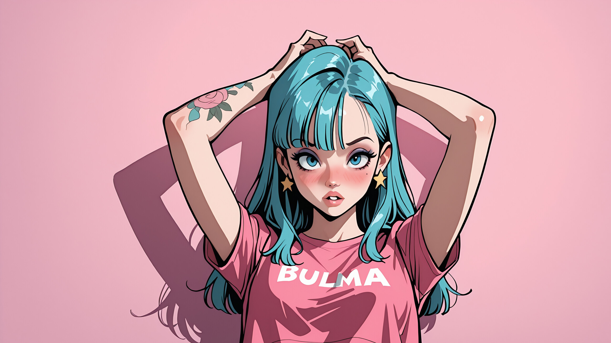 An anime-style illustration of Bulma from Dragon Ball with blue hair and blue eyes. She wears a pink crop top with 'BULMA' on it, blue jeans, and star earrings. She has rose tattoos on her arm and is posing with her hands behind her head against a pink background.