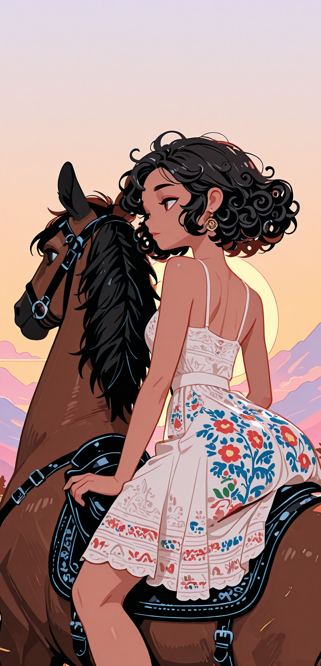 A Mongolian girl in a colorful, ethnic dress riding a horse in a scenic mountain landscape at sunset.