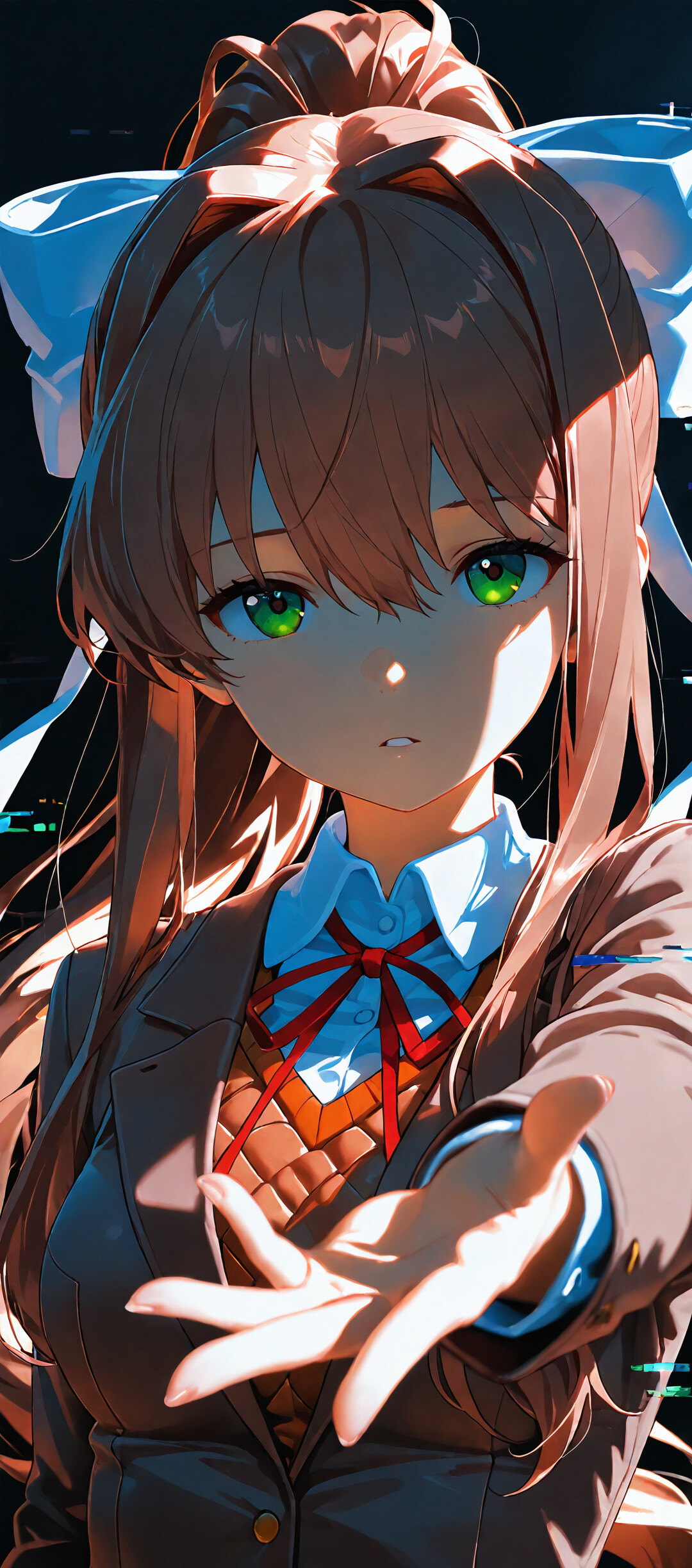 An illustration of Monika from Doki Doki Literature Club! with long brown hair in a ponytail and a white bow, wearing her school uniform and reaching her hand out towards the viewer against a bright, glitching background.