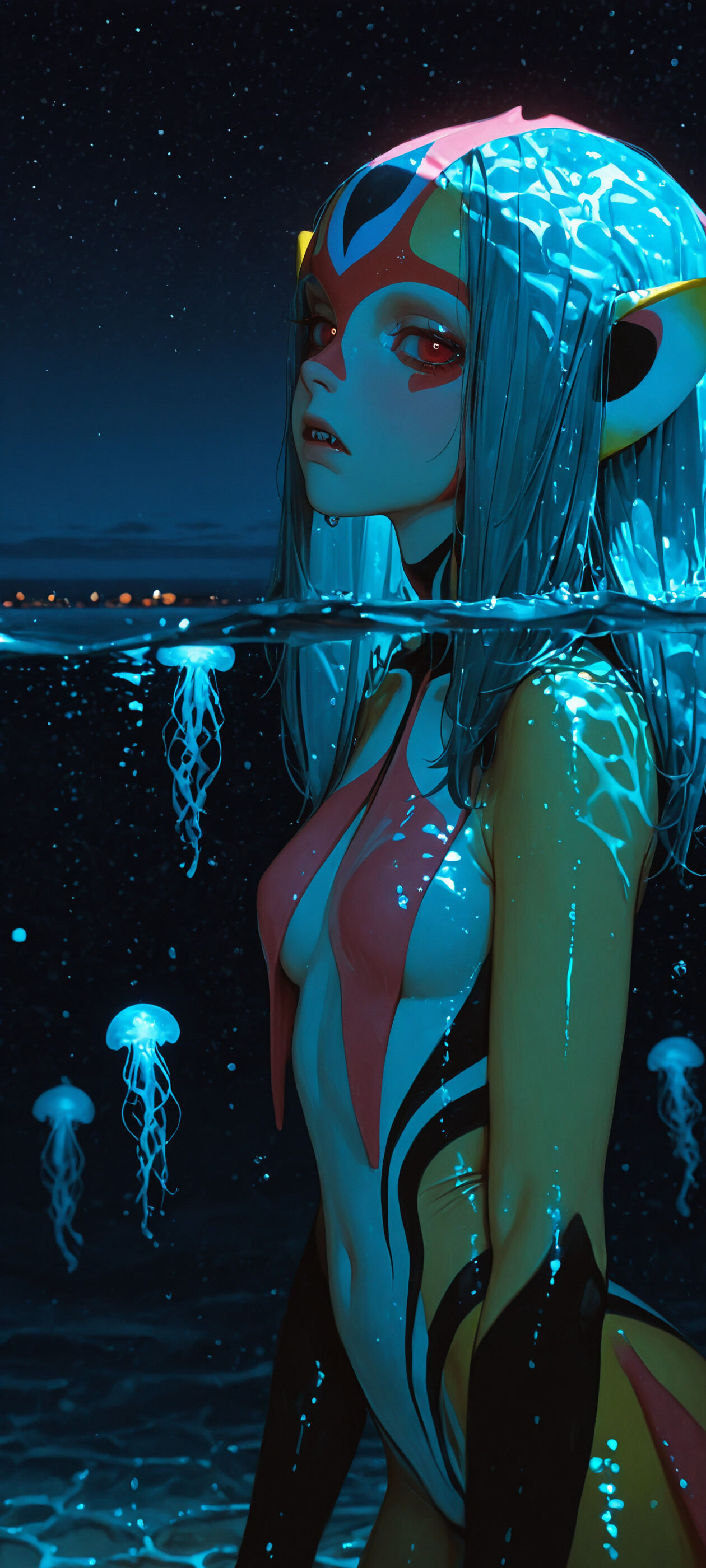 An illustration of the anime character Mutio from Blue Submarine No. 6, standing in the ocean at night. A large, bioluminescent blue jellyfish sits on her head like a hat, illuminating her face and gray hair against the starry sky.