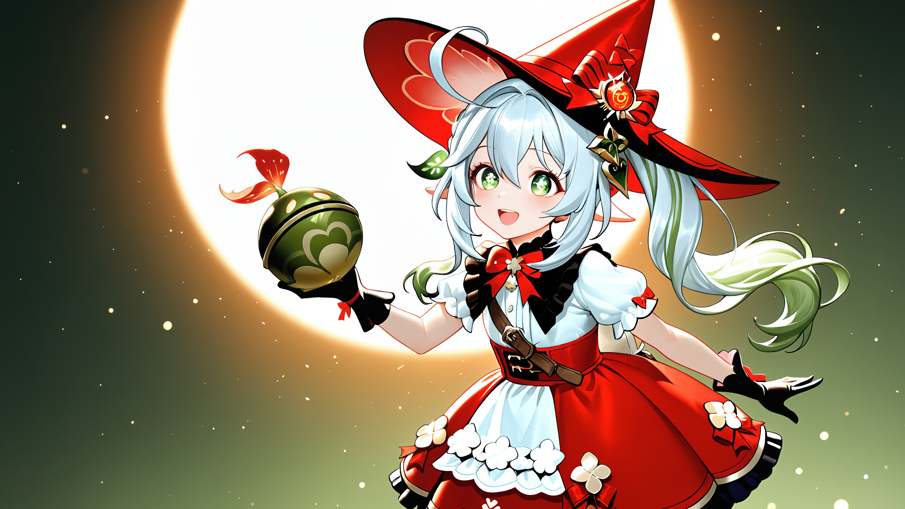 An anime illustration of Nahida from Genshin Impact dressed as Klee. She has long white hair with green tips, elf ears, and is wearing a large red witch hat and a red and white dress while holding a cute, cat-faced bomb.