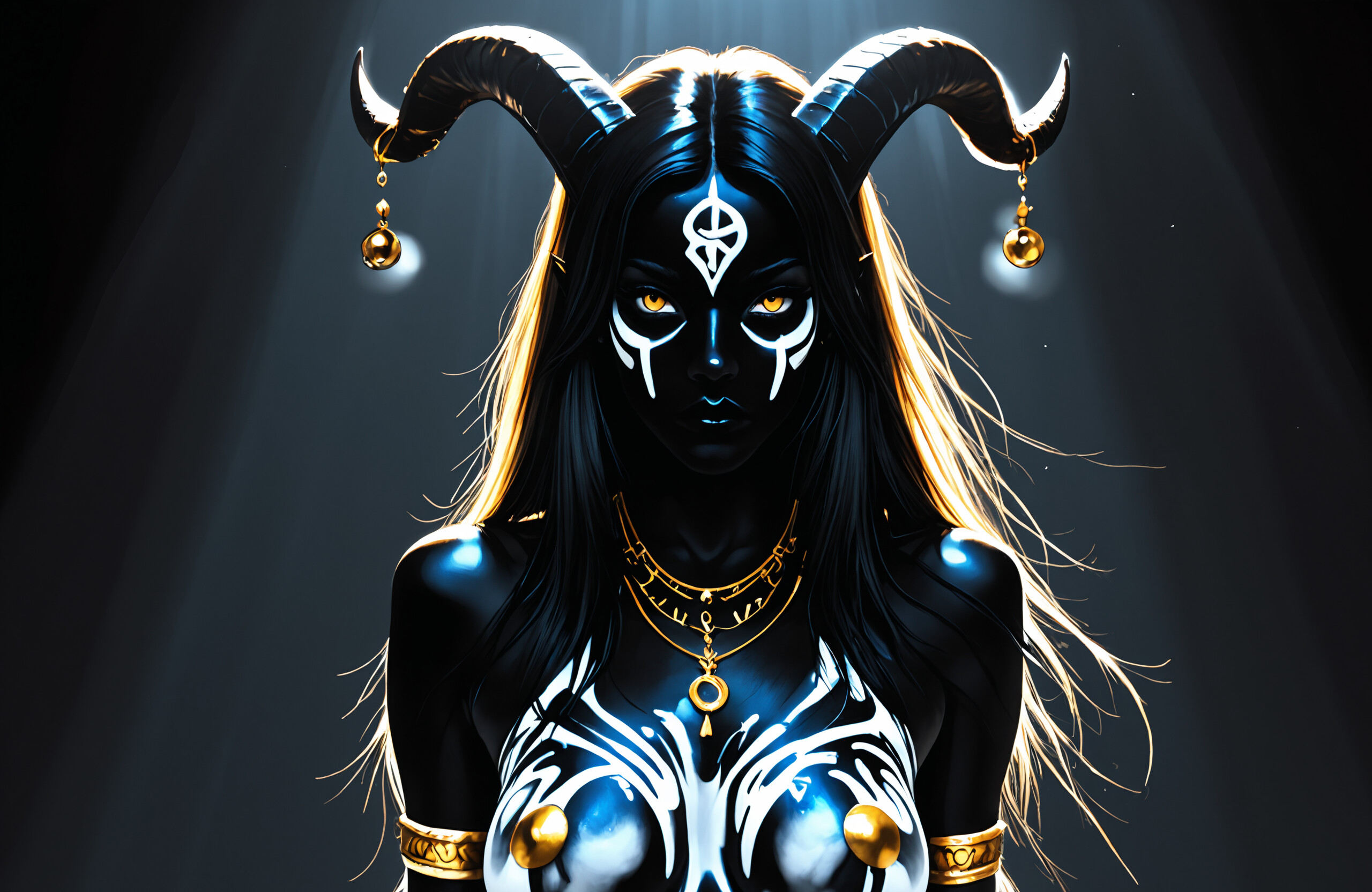 A full-body portrait of a fantasy woman with black skin, long white hair, and large black horns. She has glowing yellow eyes, white markings on her face and body, and wears gold jewelry and a white loincloth against a dark background with dramatic light rays.