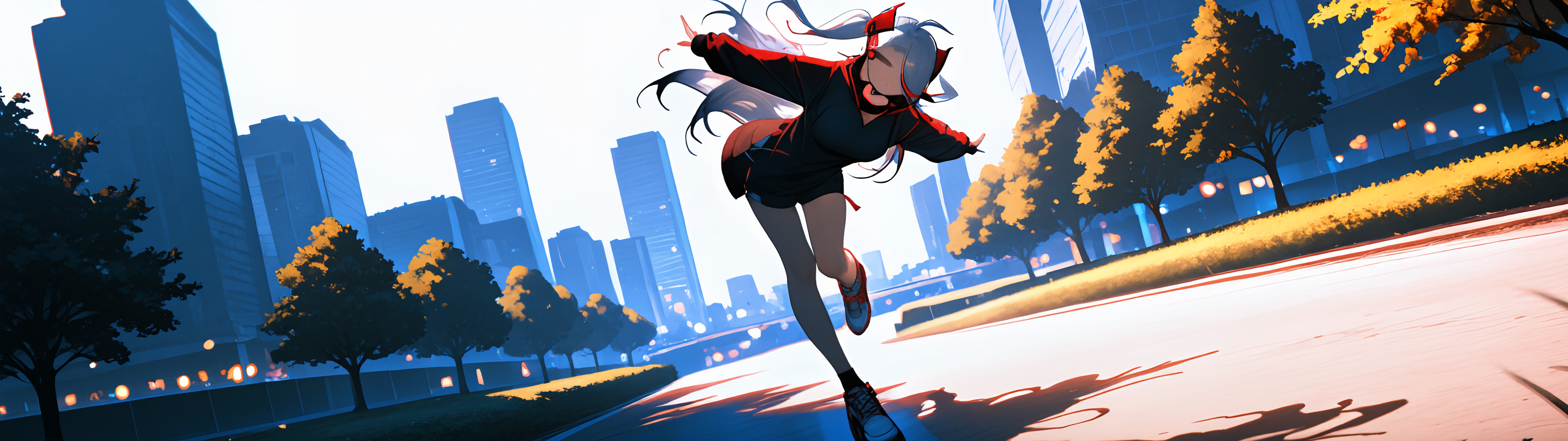Full-body illustration of the anime character Prinz Eugen from Azur Lane standing on a city sidewalk. She has long white hair, is wearing a casual black hoodie and sneakers, and is smiling cheerfully with one arm outstretched.