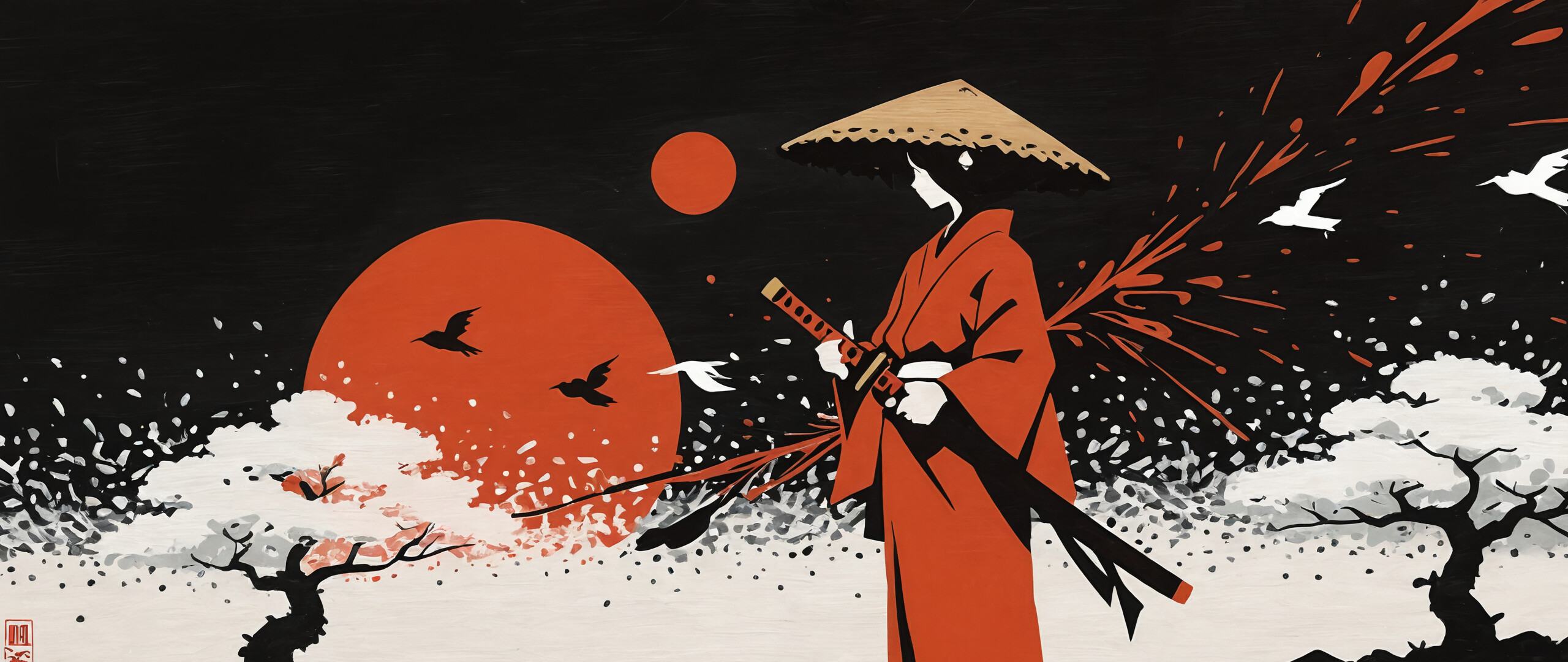 A minimalist illustration of a samurai in a red kimono and straw hat standing in a snowy landscape with cherry blossom trees, under a dark sky with a large red sun and flying birds.