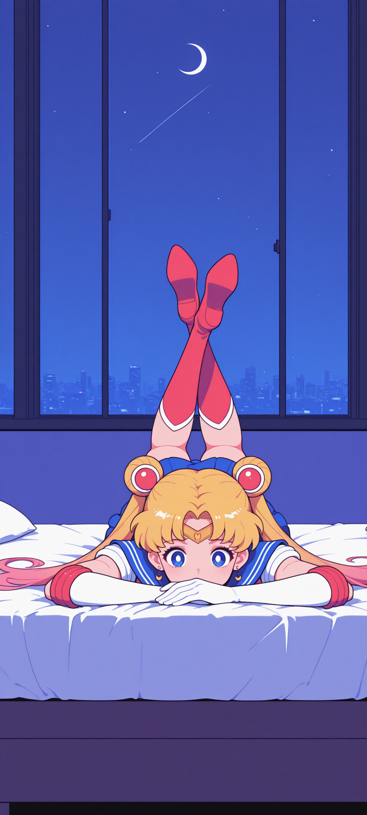 Sailor Moon, with her signature blonde odango hair, lies on her stomach on a bed, looking directly at the viewer. Behind her, a large window reveals a vibrant city skyline at night under a starry sky.