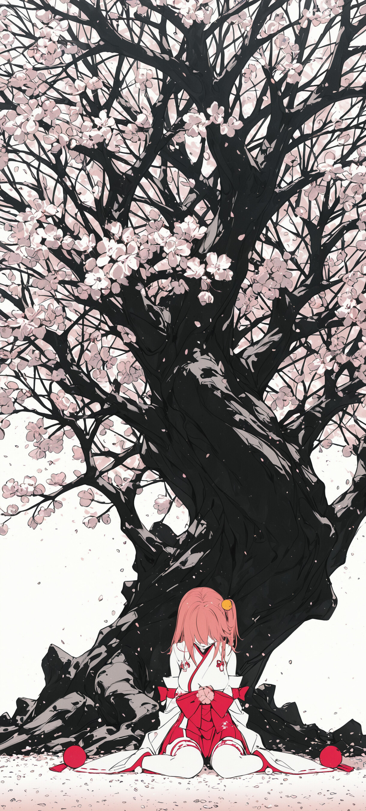An anime-style illustration of Sakura Miko, a girl with pink hair in a miko outfit, kneeling at the base of a large, dark cherry blossom tree in full bloom against a white background.
