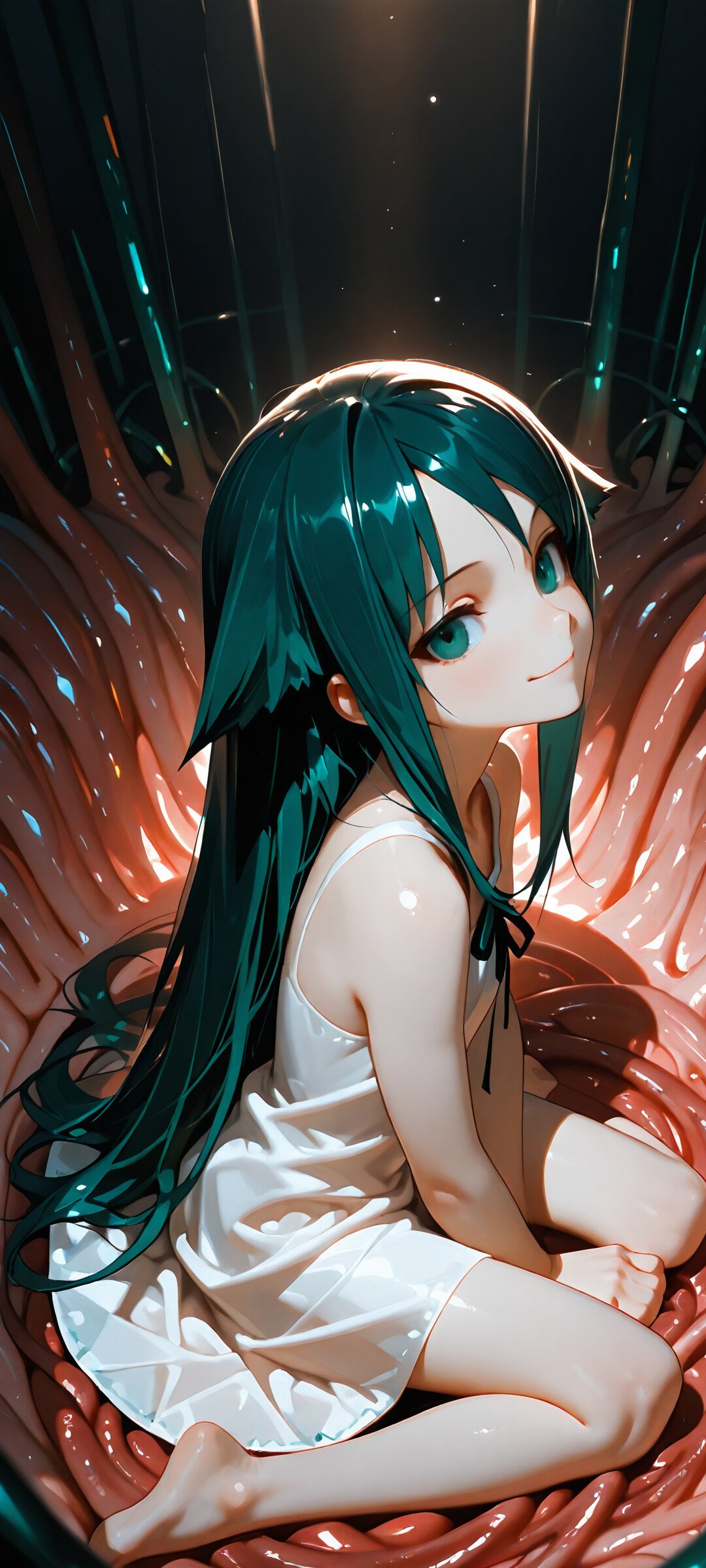 An anime-style illustration of Saya from 'Saya no Uta', a girl with long dark green hair and cat-like ears, smiling sweetly while sitting in a grotesque room made of pink flesh. A thick, slimy substance drips from the ceiling onto her hair.