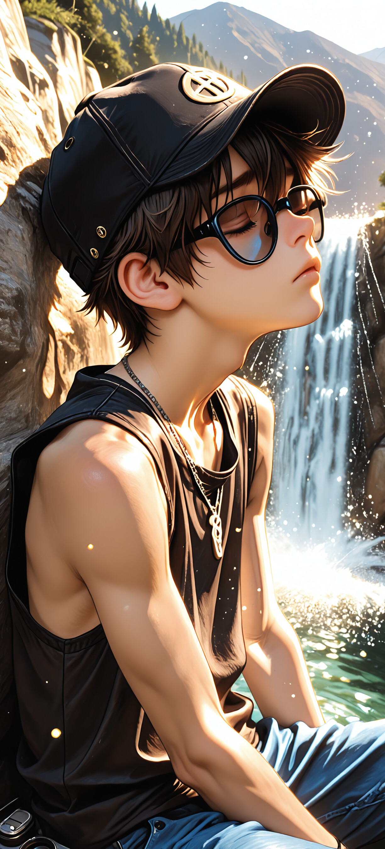 An anime-style illustration of a young man with dark brown hair and a black baseball cap, sitting with his eyes closed in front of a waterfall. He wears a white shirt, a brown vest, and has a camera next to him.