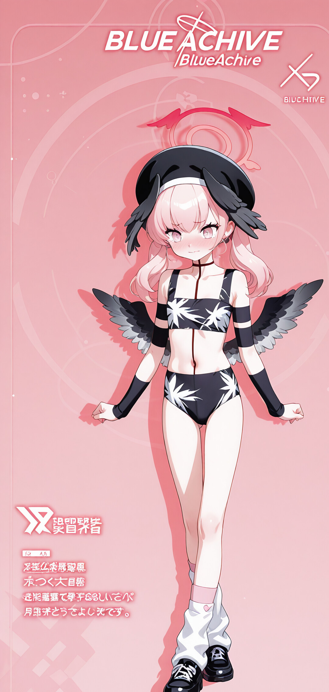 Full-body illustration of Shimoe Koharu from Blue Archive. She has pink hair and is wearing a white summer dress with a blue ribbon, looking at the viewer with a flustered expression against a pink background.