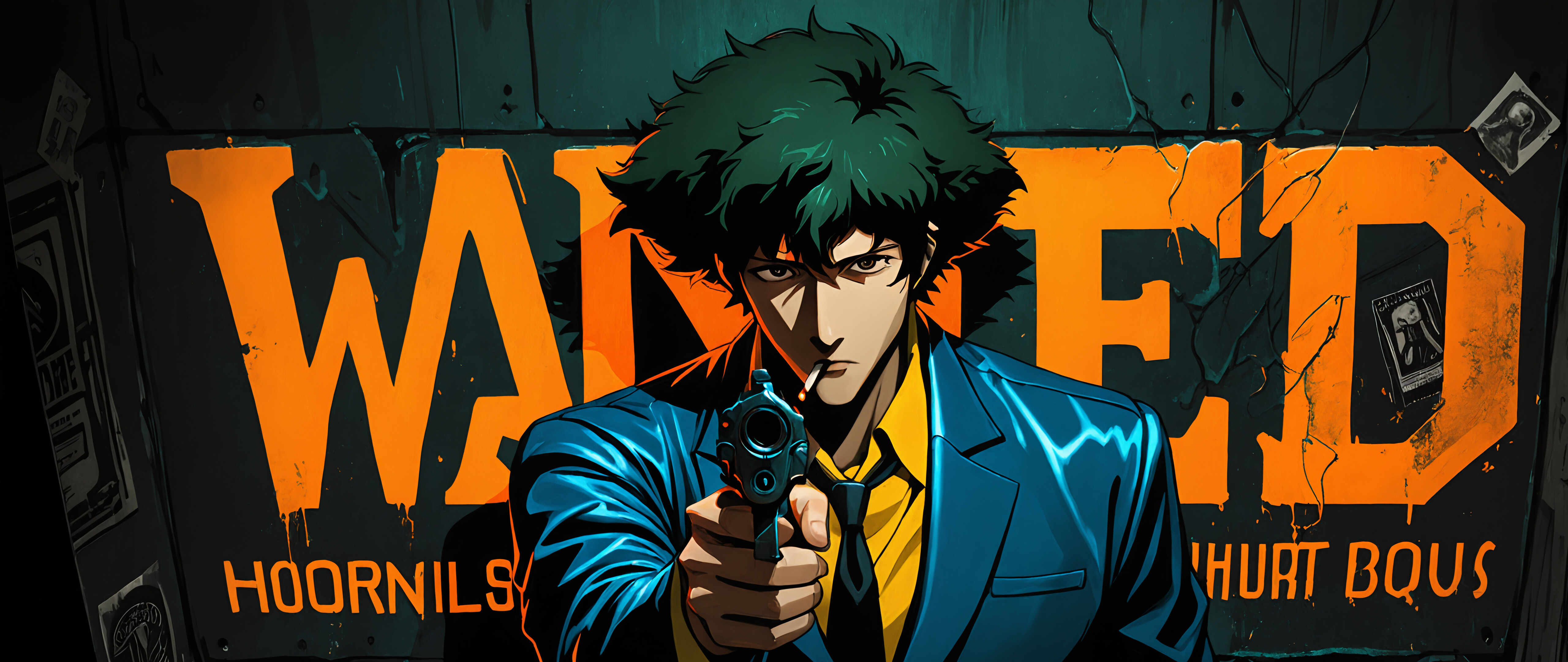 Anime-style illustration of Spike Spiegel from Cowboy Bebop pointing a pistol at the camera. He has messy dark green hair, a cigarette in his mouth, and is wearing a blue suit. Behind him is a wall with a large neon 'WANTED' sign.