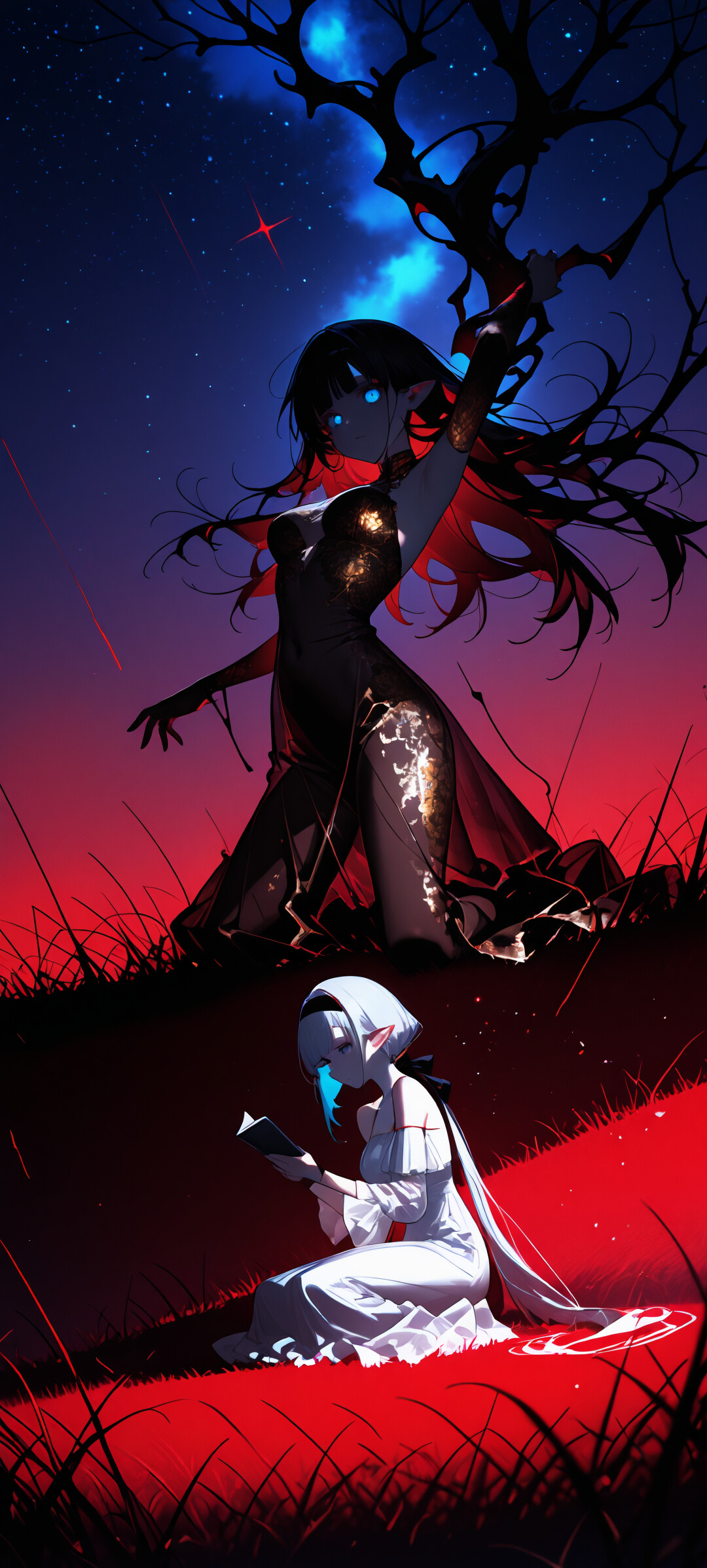 An anime-style elf girl with silver hair and glowing blue eyes kneels on red grass, reading a book while leaning against a tree. A bright, web-like light source is on the tree behind her, and a shooting star streaks across the night sky.