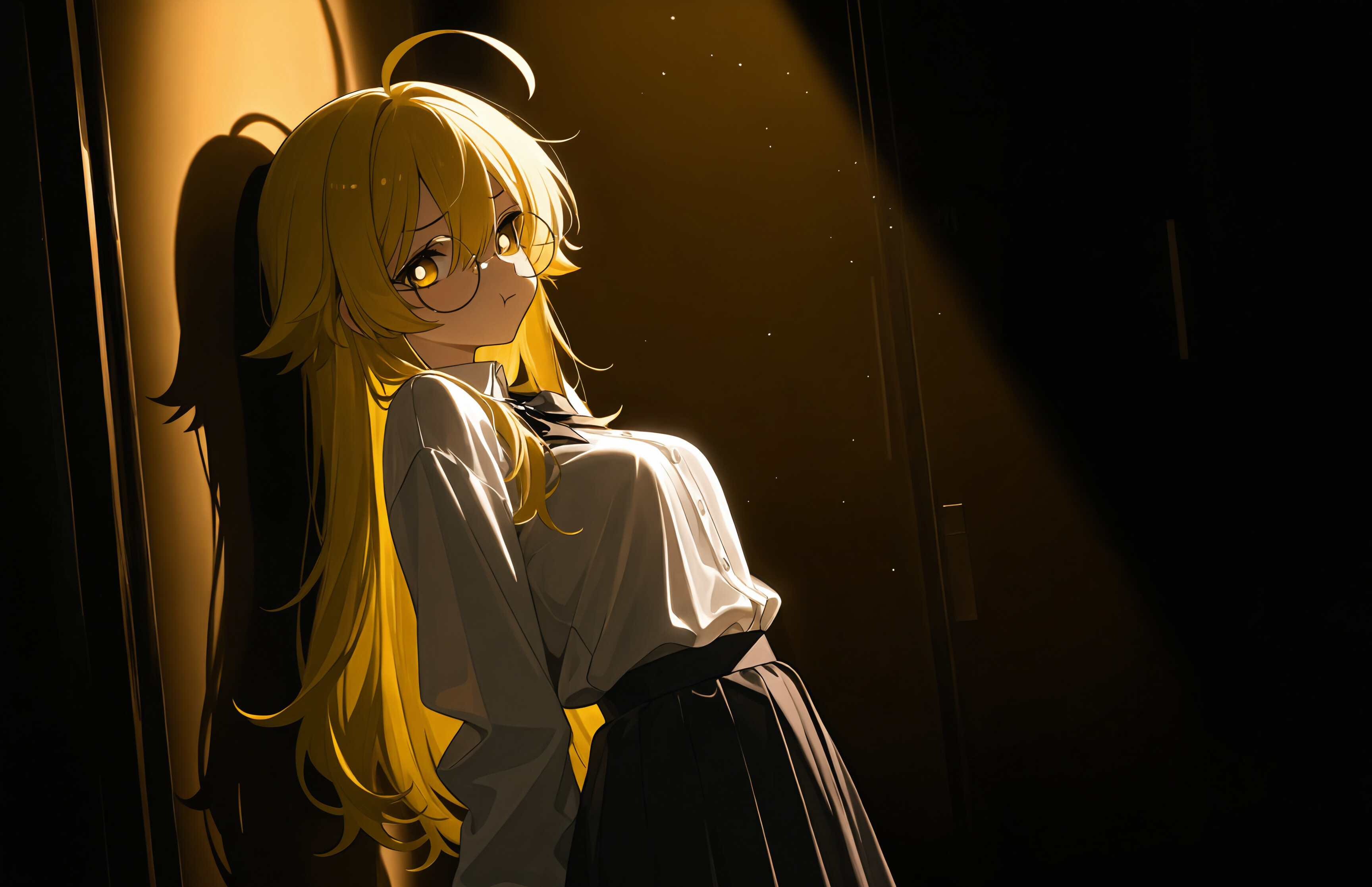 An anime girl with long blonde hair and round glasses leans against a wall in a dark room. She is lit by a strip of warm sunlight, looking over her shoulder with a pout.