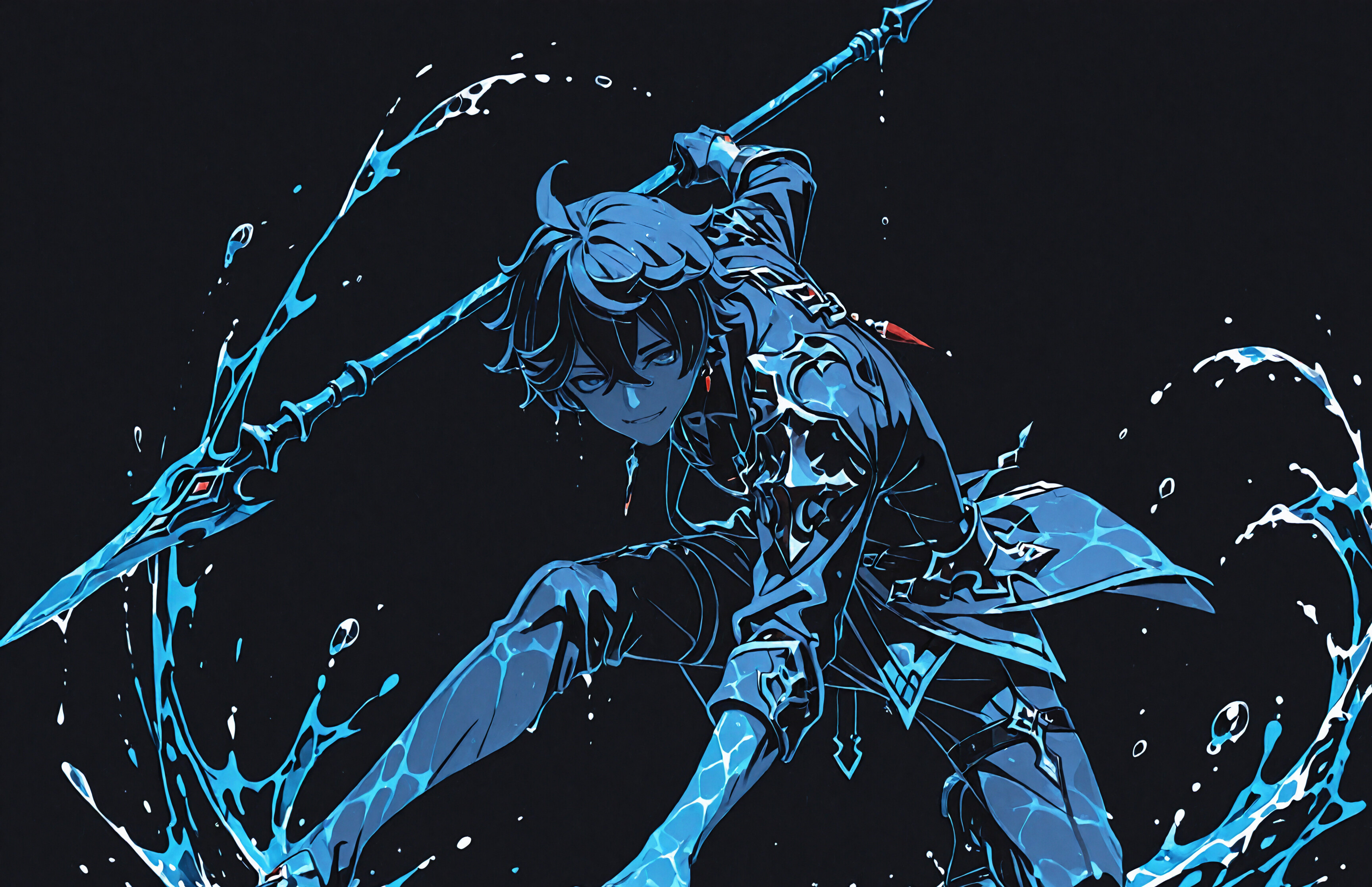 An anime-style illustration of the character Tartaglia 'Childe' from Genshin Impact, crouching in a fighting stance on a black background. He holds a glowing blue water polearm and touches the watery ground, surrounded by blue splashes and droplets.