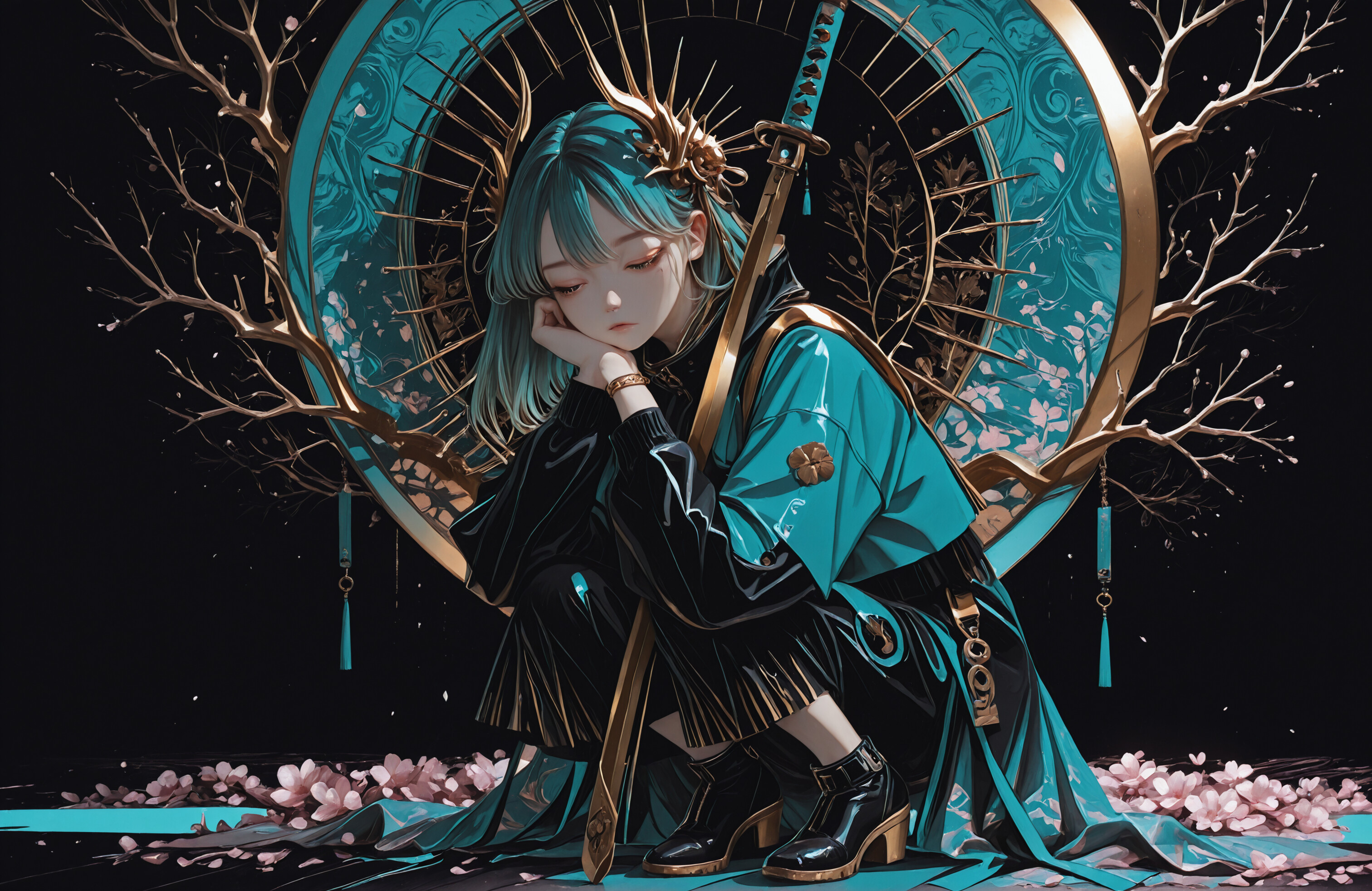 An anime-style illustration of a young woman with long blonde hair crouching on the ground. She has her eyes closed and is resting her head on her hands, which are holding the hilt of a long sword planted in the ground before her. She wears a white and teal techwear outfit with black straps and boots. Behind her is a large, ornate golden and teal circle with tree branches growing from it against a black background.