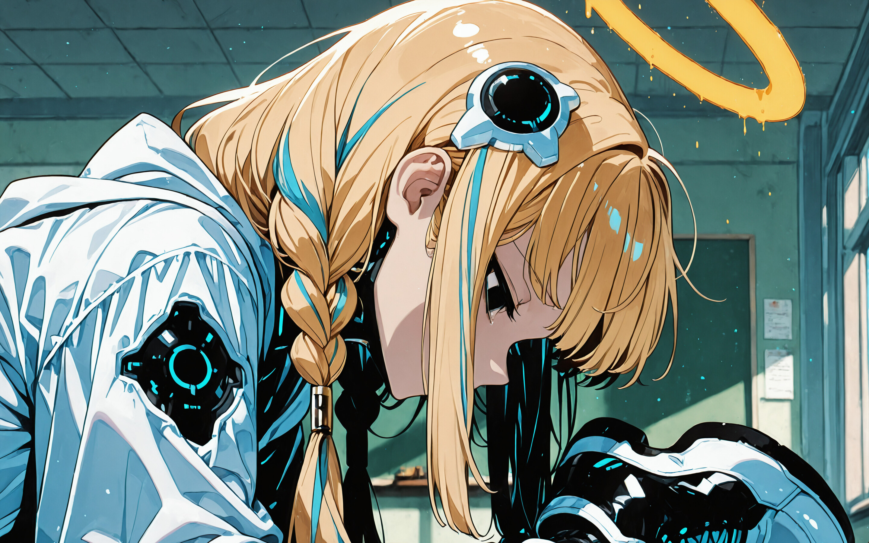 An anime illustration of Tendou Arisu from Blue Archive sitting on the floor in a dark classroom. She has long, blonde braided twintails, a glowing halo, and a sad expression, wearing a futuristic blue jumpsuit and sneakers.