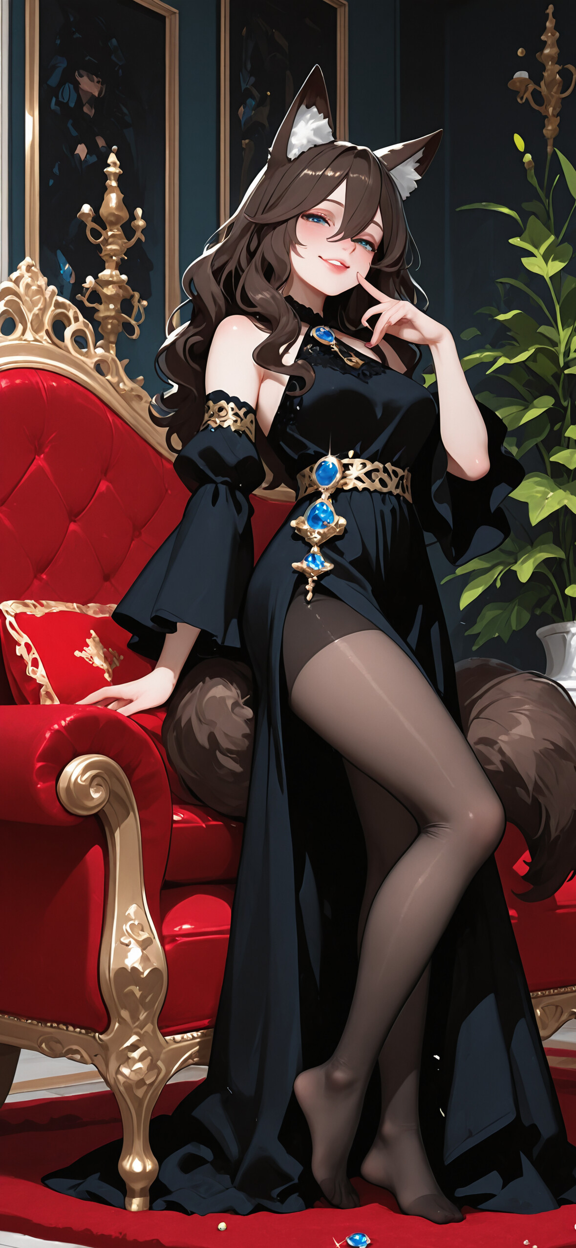 An anime-style fox girl with brown hair, ears, and a large tail, wearing a dark blue dress with gold and blue gems, lying seductively on an ornate red and gold sofa in a luxurious room.